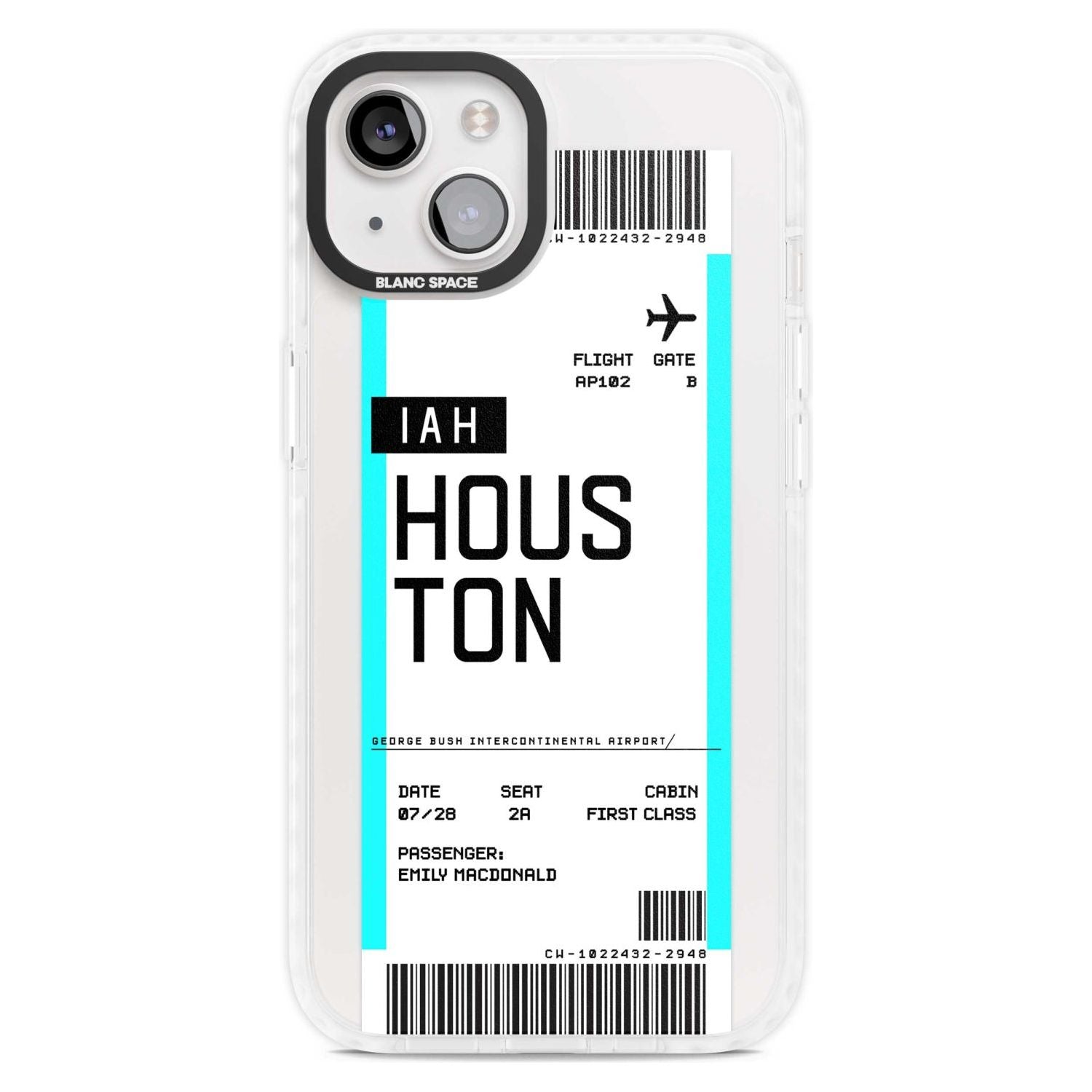 Personalised Houston Boarding Pass Custom Phone Case iPhone 15 Plus / Magsafe Impact Case,iPhone 15 / Magsafe Impact Case Blanc Space