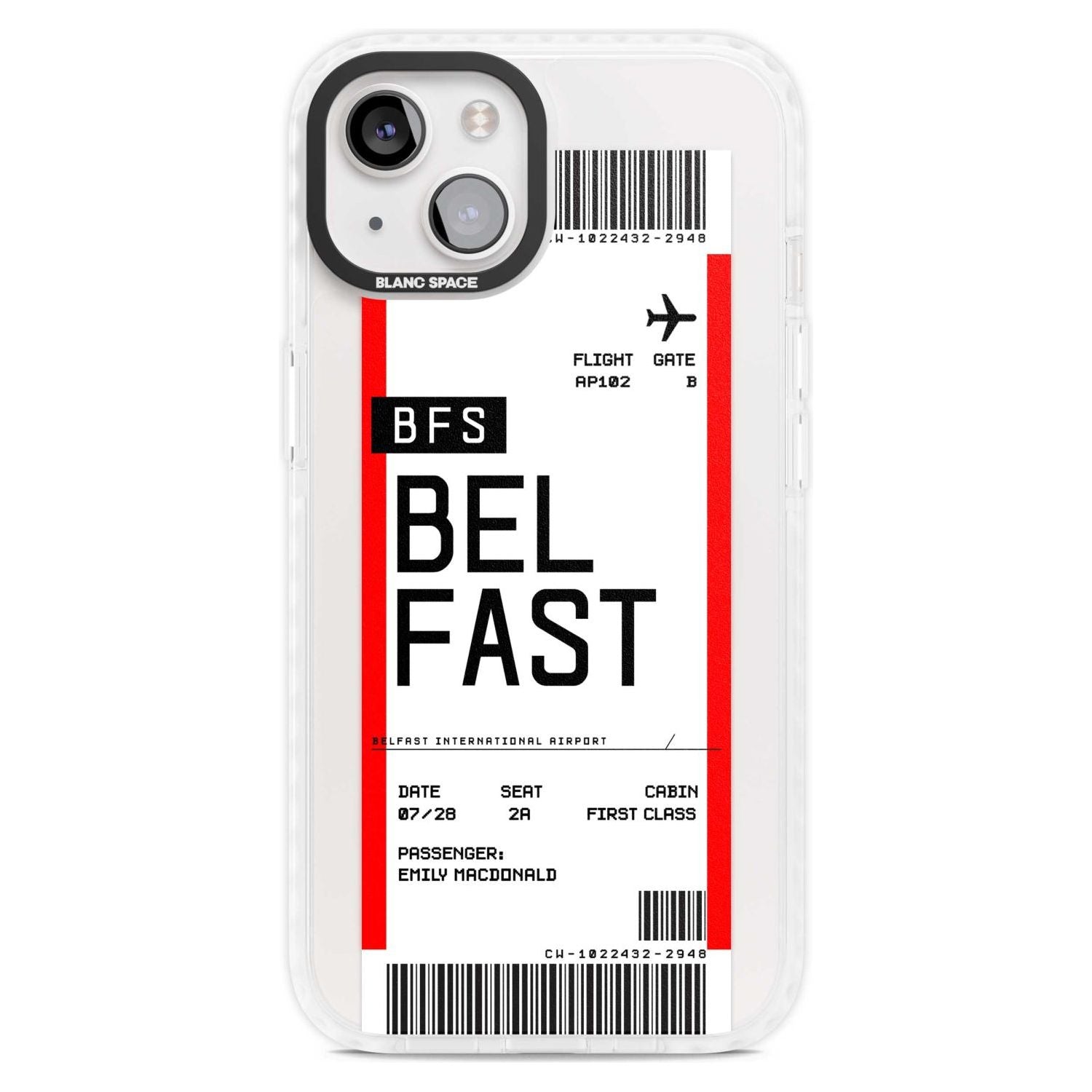 Personalised Belfast Boarding Pass Custom Phone Case iPhone 15 Plus / Magsafe Impact Case,iPhone 15 / Magsafe Impact Case Blanc Space