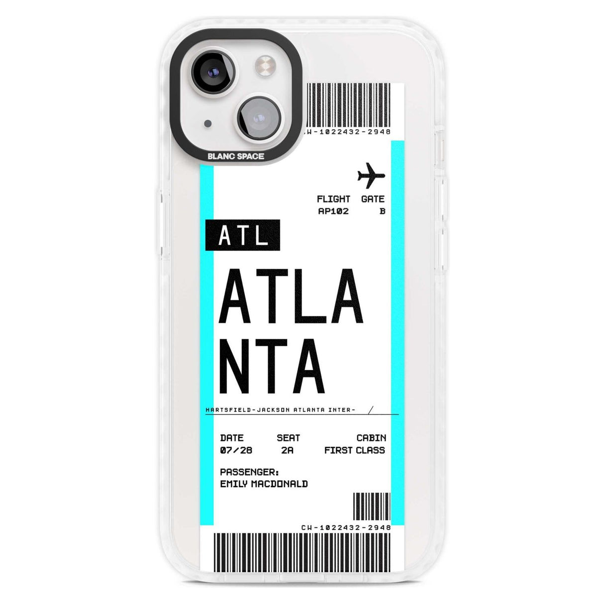 Personalised Atlanta Boarding Pass Custom Phone Case iPhone 15 Plus / Magsafe Impact Case,iPhone 15 / Magsafe Impact Case Blanc Space