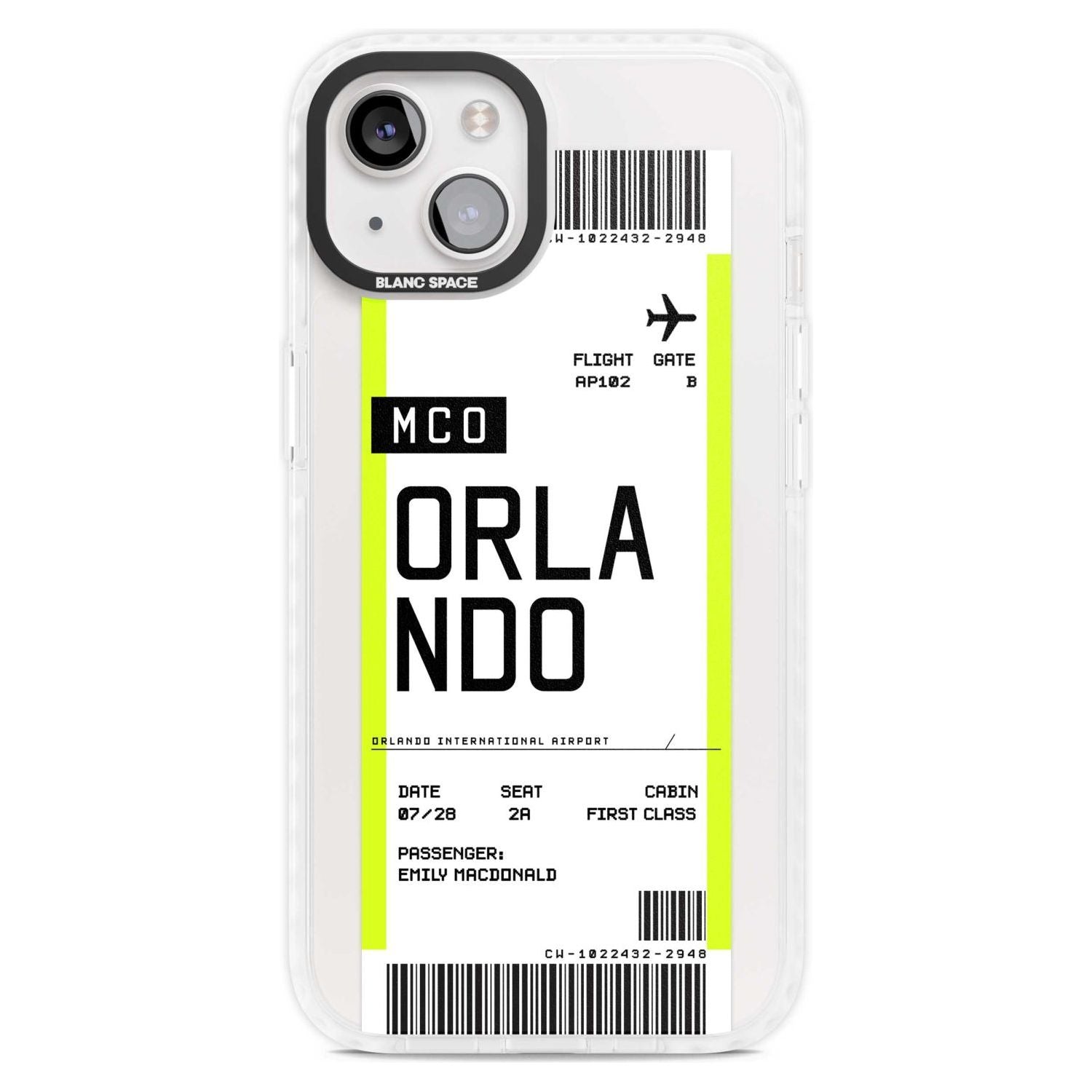 Personalised Orlando Boarding Pass Custom Phone Case iPhone 15 Plus / Magsafe Impact Case,iPhone 15 / Magsafe Impact Case Blanc Space