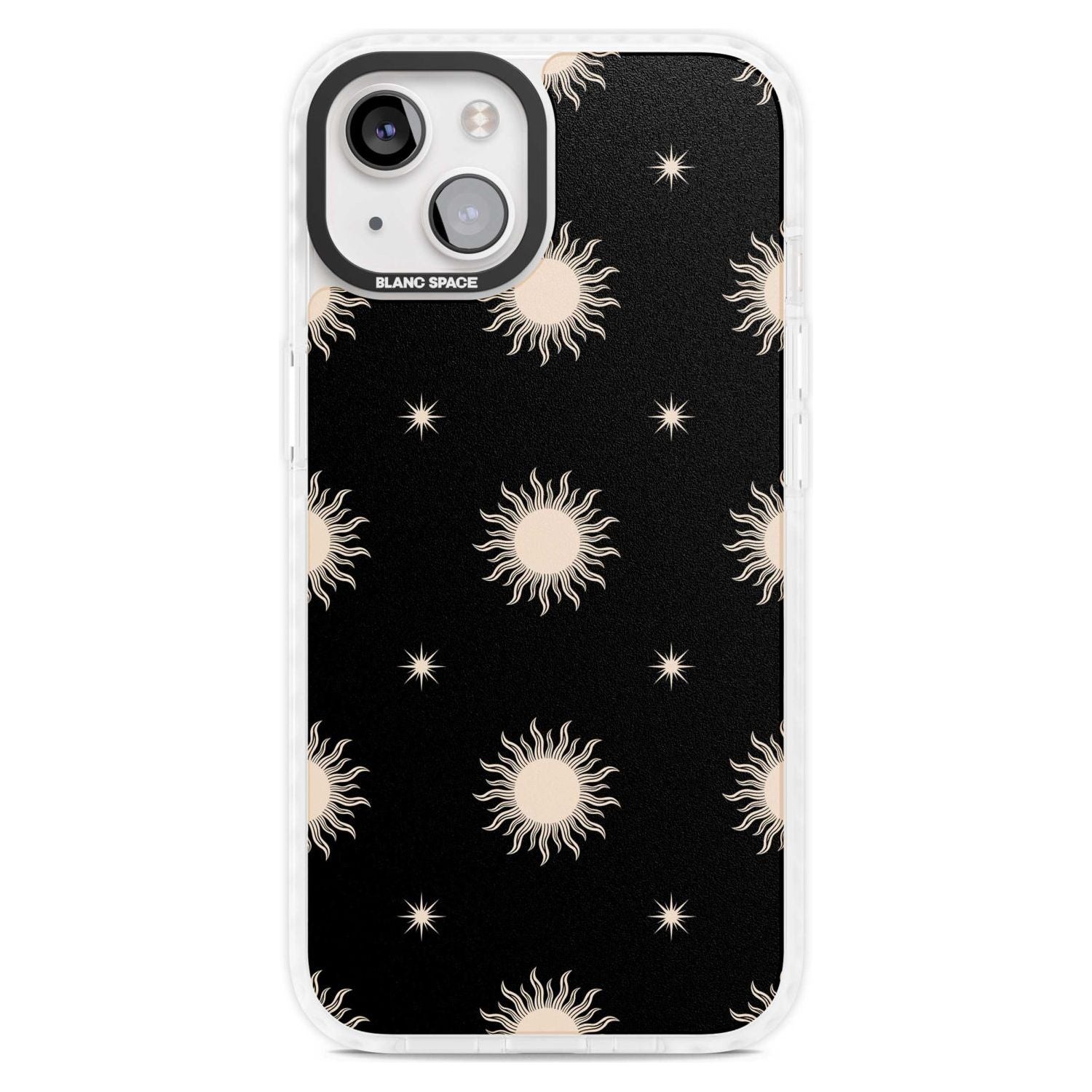 Celestial Patterns Classic Suns (Black) Phone Case iPhone 15 Plus / Magsafe Impact Case,iPhone 15 / Magsafe Impact Case Blanc Space