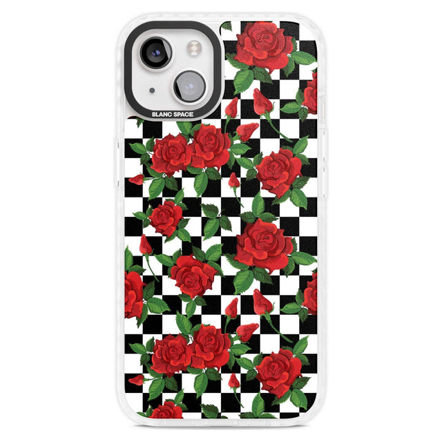 Checkered Pattern & Red Roses Phone Case iPhone 15 Plus / Magsafe Impact Case,iPhone 15 / Magsafe Impact Case Blanc Space