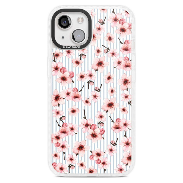 Cherry Blossoms on Blue Stripes Pattern Phone Case iPhone 15 Plus / Magsafe Impact Case,iPhone 15 / Magsafe Impact Case Blanc Space