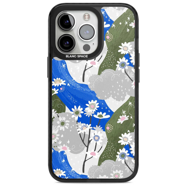 Blue & Grey Daisies Pattern Phone Case iPhone 15 Pro Max / Magsafe Black Impact Case,iPhone 15 Pro / Magsafe Black Impact Case,iPhone 14 Pro Max / Magsafe Black Impact Case,iPhone 14 Pro / Magsafe Black Impact Case,iPhone 13 Pro / Magsafe Black Impact Case Blanc Space