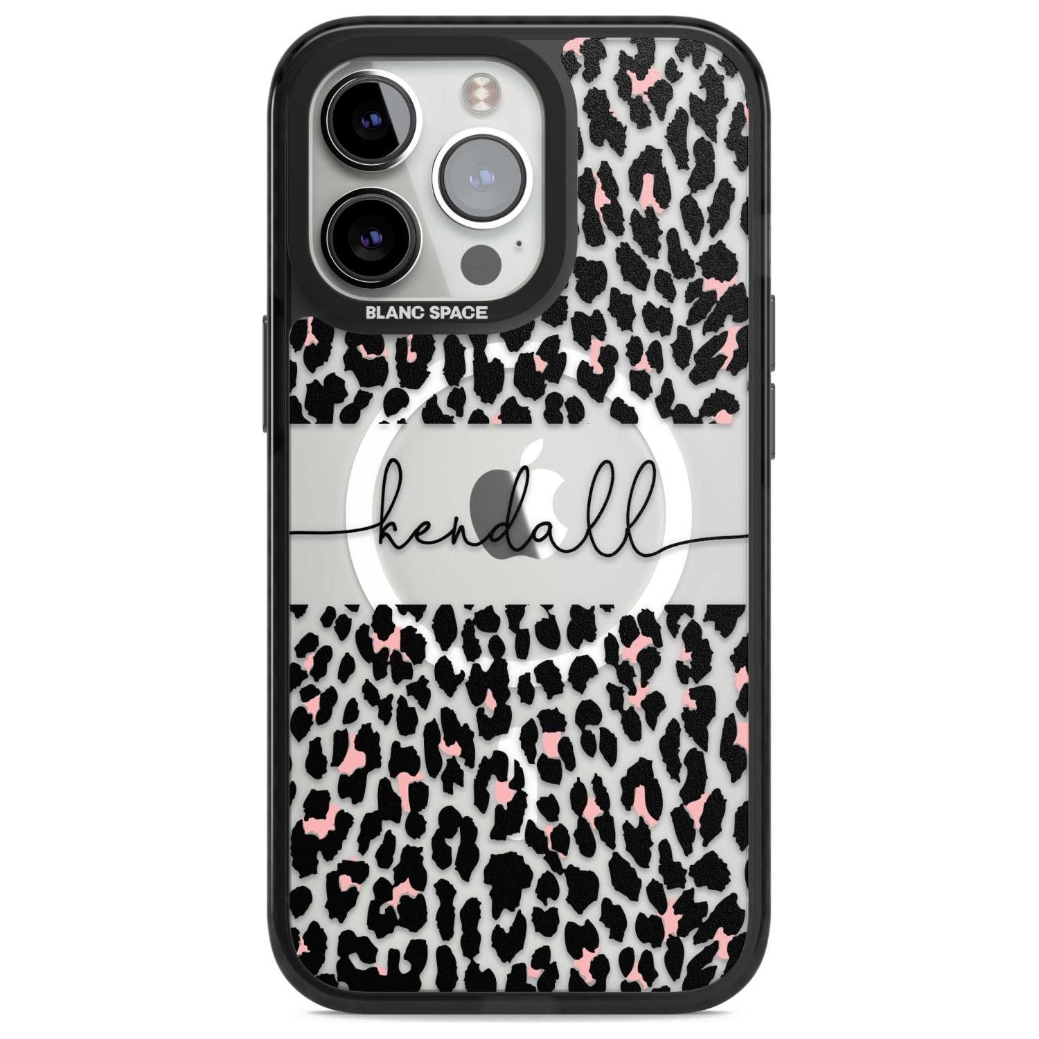 Personalised Pink & Cursive Leopard Spots Custom Phone Case iPhone 15 Pro Max / Magsafe Black Impact Case,iPhone 15 Pro / Magsafe Black Impact Case,iPhone 14 Pro Max / Magsafe Black Impact Case,iPhone 14 Pro / Magsafe Black Impact Case,iPhone 13 Pro / Magsafe Black Impact Case Blanc Space