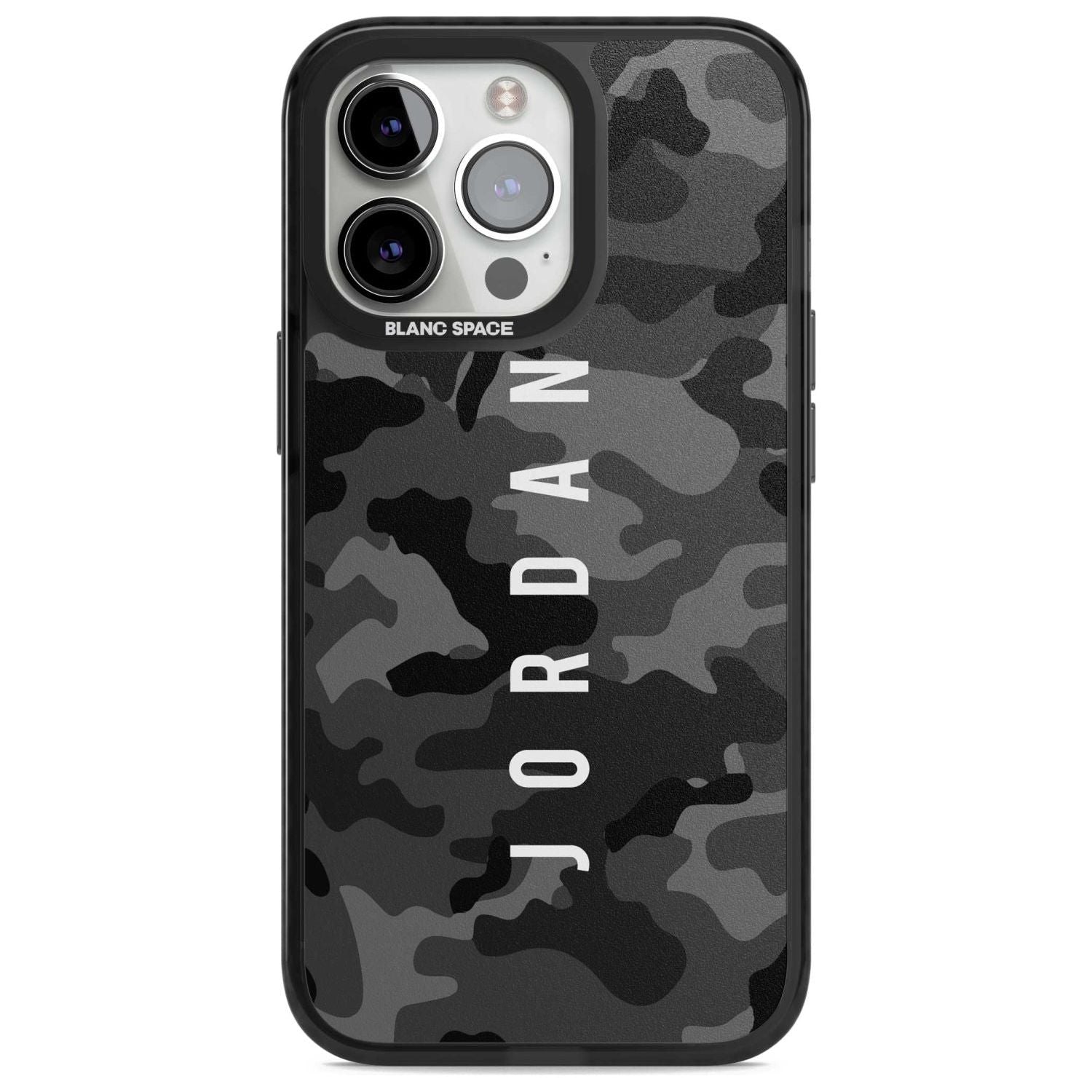Personalised Small Vertical Name Black Camouflage Custom Phone Case iPhone 15 Pro Max / Magsafe Black Impact Case,iPhone 15 Pro / Magsafe Black Impact Case,iPhone 14 Pro Max / Magsafe Black Impact Case,iPhone 14 Pro / Magsafe Black Impact Case,iPhone 13 Pro / Magsafe Black Impact Case Blanc Space