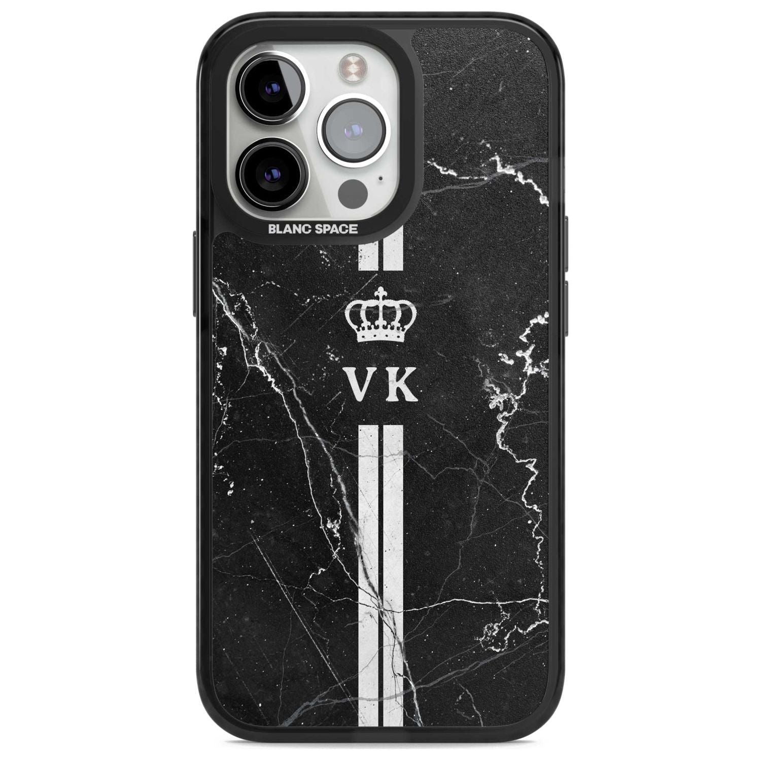 Personalised Stripes + Initials with Crown on Black Marble Custom Phone Case iPhone 15 Pro Max / Magsafe Black Impact Case,iPhone 15 Pro / Magsafe Black Impact Case,iPhone 14 Pro Max / Magsafe Black Impact Case,iPhone 14 Pro / Magsafe Black Impact Case,iPhone 13 Pro / Magsafe Black Impact Case Blanc Space