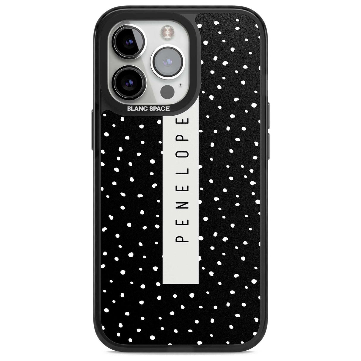 Personalised Black Dots Custom Phone Case iPhone 15 Pro Max / Magsafe Black Impact Case,iPhone 15 Pro / Magsafe Black Impact Case,iPhone 14 Pro Max / Magsafe Black Impact Case,iPhone 14 Pro / Magsafe Black Impact Case,iPhone 13 Pro / Magsafe Black Impact Case Blanc Space