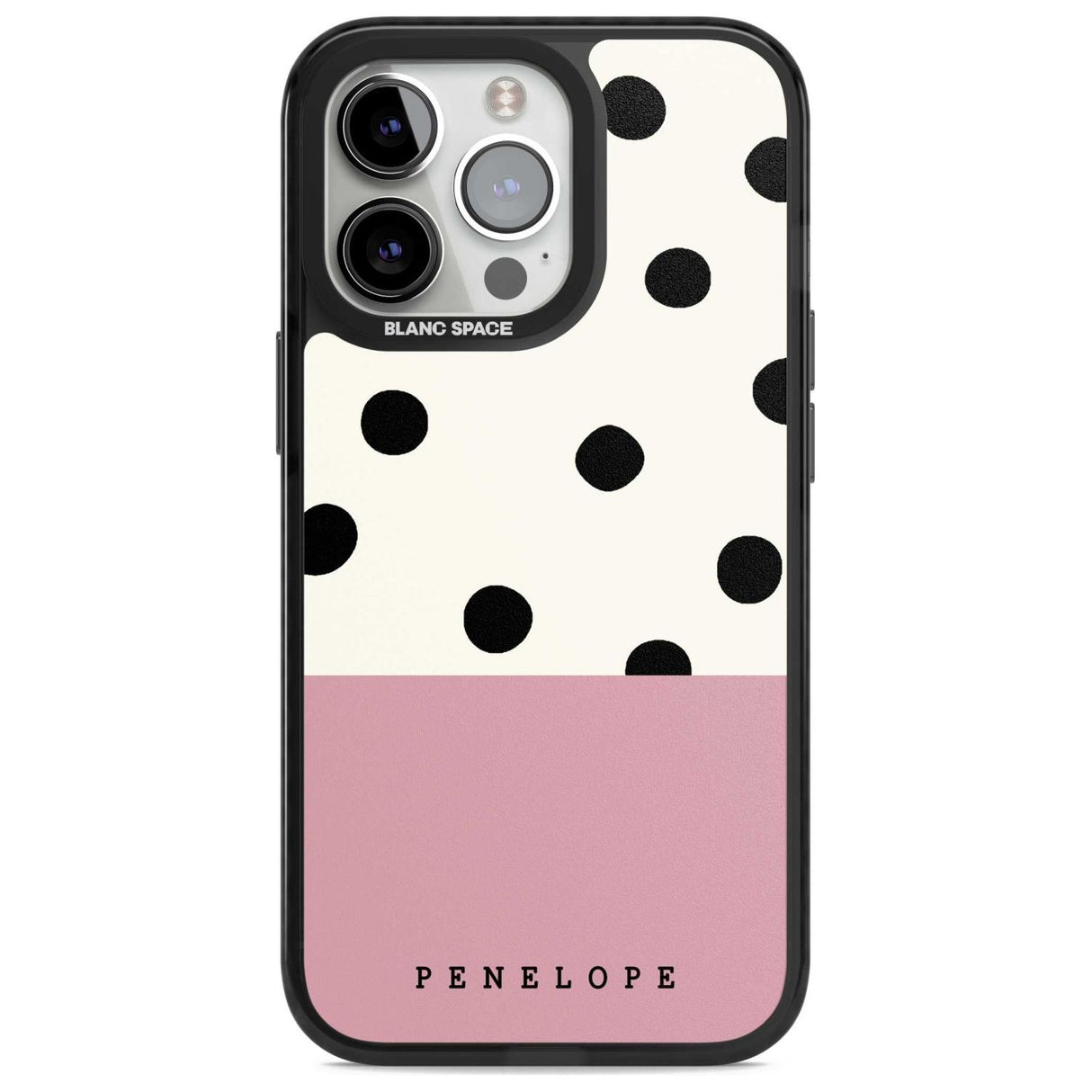 Personalised Pink Border Polka Dot Custom Phone Case iPhone 15 Pro Max / Magsafe Black Impact Case,iPhone 15 Pro / Magsafe Black Impact Case,iPhone 14 Pro Max / Magsafe Black Impact Case,iPhone 14 Pro / Magsafe Black Impact Case,iPhone 13 Pro / Magsafe Black Impact Case Blanc Space