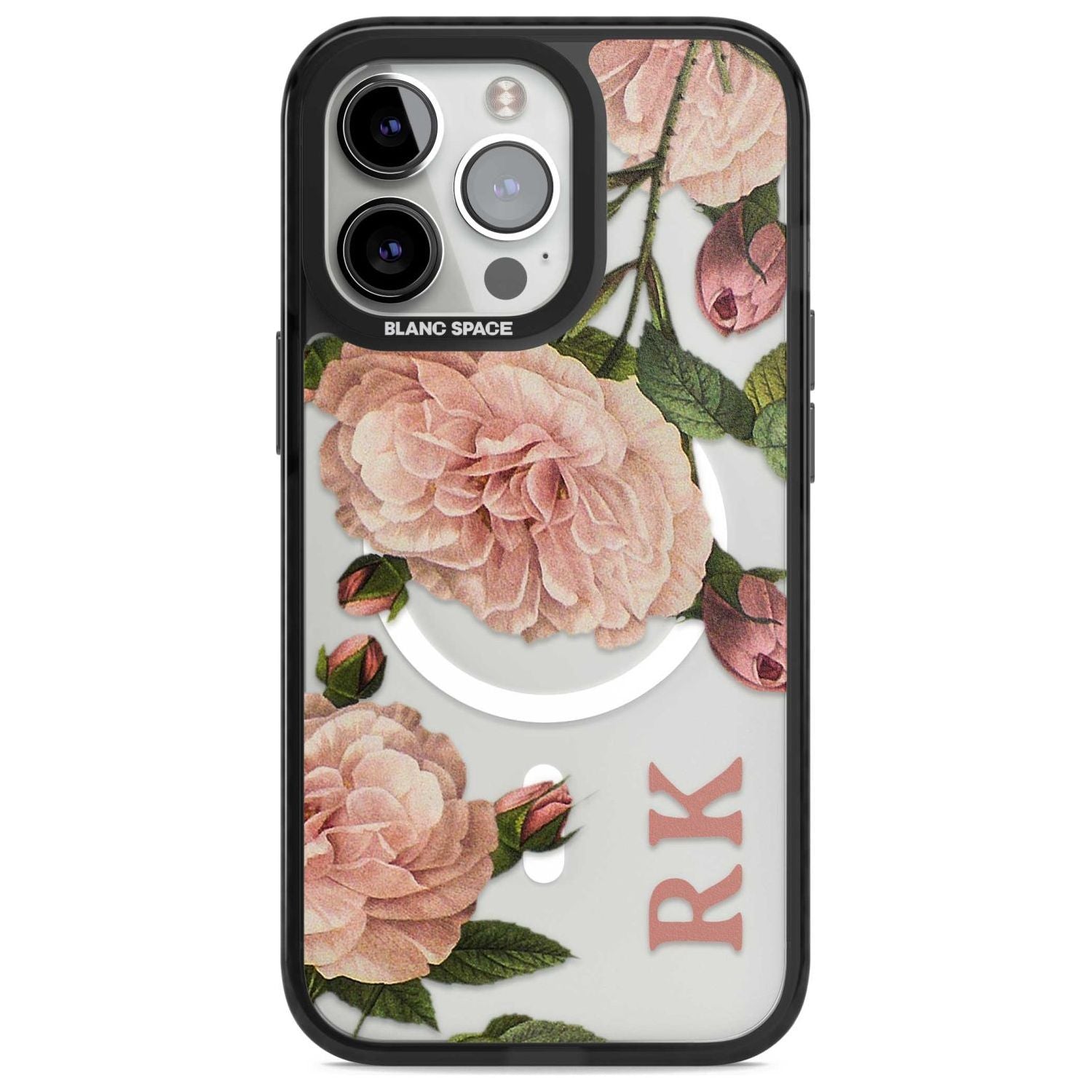 Personalised Clear Vintage Floral Pale Pink Peonies Custom Phone Case iPhone 15 Pro Max / Magsafe Black Impact Case,iPhone 15 Pro / Magsafe Black Impact Case,iPhone 14 Pro Max / Magsafe Black Impact Case,iPhone 14 Pro / Magsafe Black Impact Case,iPhone 13 Pro / Magsafe Black Impact Case Blanc Space