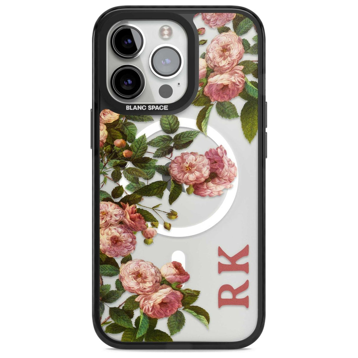 Personalised Clear Vintage Floral Pink Garden Roses Custom Phone Case iPhone 15 Pro Max / Magsafe Black Impact Case,iPhone 15 Pro / Magsafe Black Impact Case,iPhone 14 Pro Max / Magsafe Black Impact Case,iPhone 14 Pro / Magsafe Black Impact Case,iPhone 13 Pro / Magsafe Black Impact Case Blanc Space