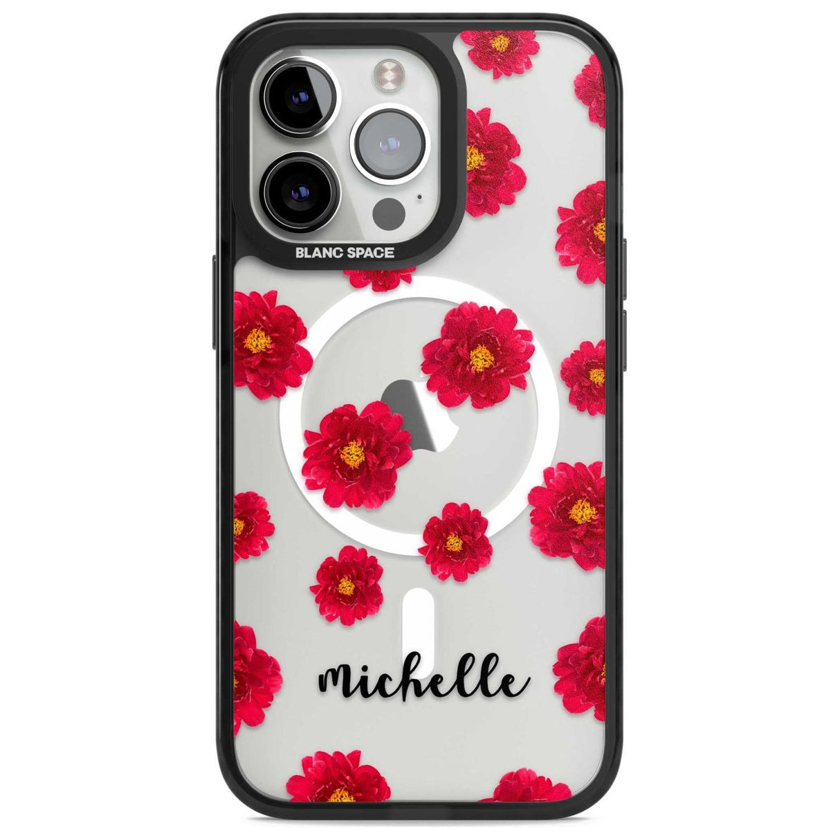 Personalised Red Peonies & Cursive Custom Phone Case iPhone 15 Pro Max / Magsafe Black Impact Case,iPhone 15 Pro / Magsafe Black Impact Case,iPhone 14 Pro Max / Magsafe Black Impact Case,iPhone 14 Pro / Magsafe Black Impact Case,iPhone 13 Pro / Magsafe Black Impact Case Blanc Space