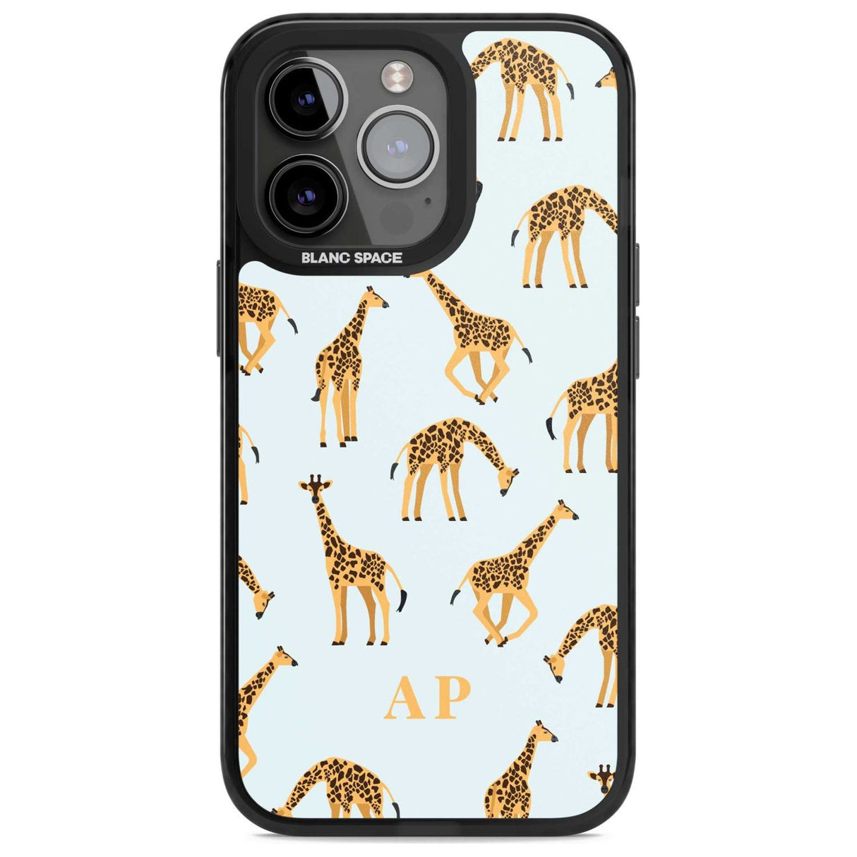 Personalised Safari Giraffe Pattern on Blue Custom Phone Case iPhone 15 Pro Max / Magsafe Black Impact Case,iPhone 15 Pro / Magsafe Black Impact Case,iPhone 14 Pro Max / Magsafe Black Impact Case,iPhone 14 Pro / Magsafe Black Impact Case,iPhone 13 Pro / Magsafe Black Impact Case Blanc Space