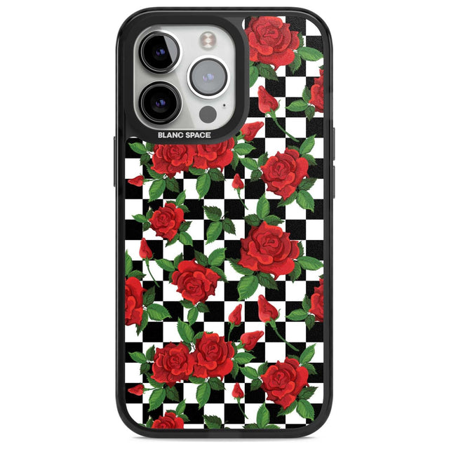 Checkered Pattern & Red Roses Phone Case iPhone 15 Pro Max / Magsafe Black Impact Case,iPhone 15 Pro / Magsafe Black Impact Case,iPhone 14 Pro Max / Magsafe Black Impact Case,iPhone 14 Pro / Magsafe Black Impact Case,iPhone 13 Pro / Magsafe Black Impact Case Blanc Space