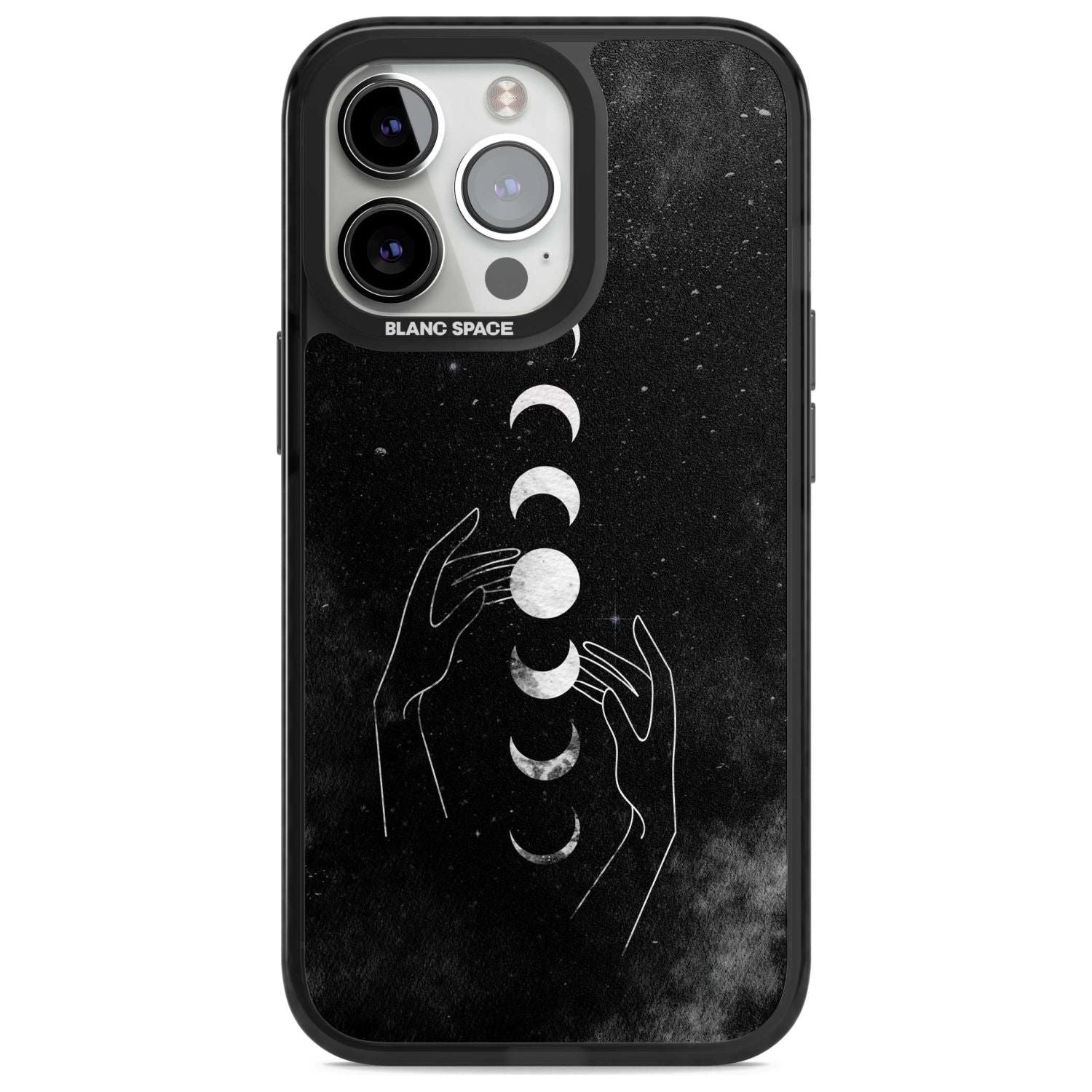 Moon Phases and Hands Phone Case iPhone 15 Pro Max / Magsafe Black Impact Case,iPhone 15 Pro / Magsafe Black Impact Case,iPhone 14 Pro Max / Magsafe Black Impact Case,iPhone 14 Pro / Magsafe Black Impact Case,iPhone 13 Pro / Magsafe Black Impact Case Blanc Space