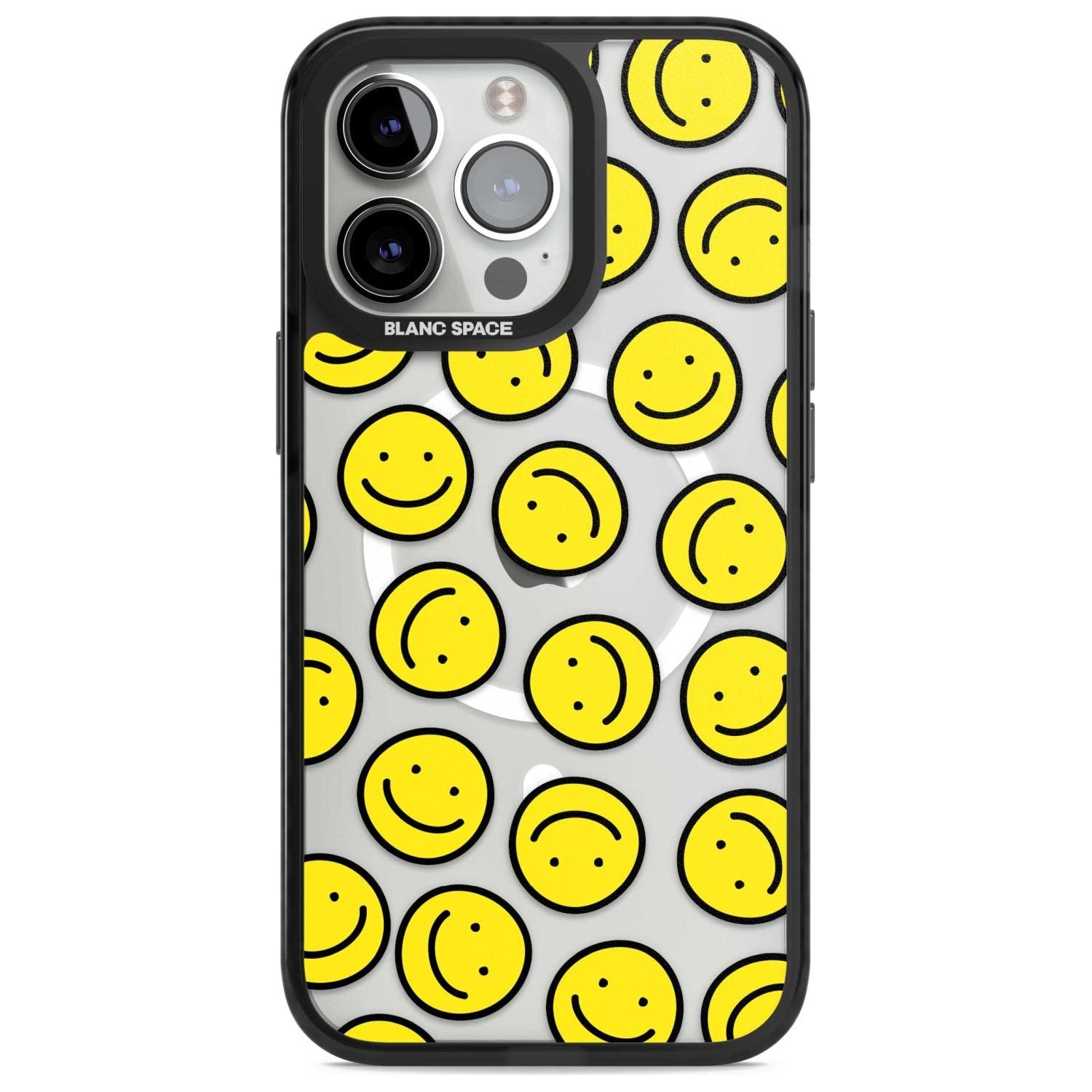 Happy Face Clear Pattern Phone Case iPhone 15 Pro Max / Magsafe Black Impact Case,iPhone 15 Pro / Magsafe Black Impact Case,iPhone 14 Pro Max / Magsafe Black Impact Case,iPhone 14 Pro / Magsafe Black Impact Case,iPhone 13 Pro / Magsafe Black Impact Case Blanc Space