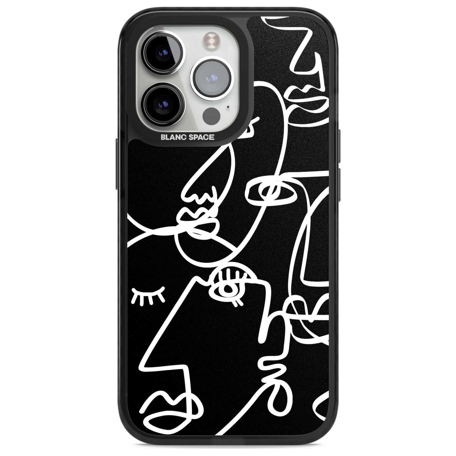 Abstract Continuous Line Faces White on Black Phone Case iPhone 15 Pro Max / Magsafe Black Impact Case,iPhone 15 Pro / Magsafe Black Impact Case,iPhone 14 Pro Max / Magsafe Black Impact Case,iPhone 14 Pro / Magsafe Black Impact Case,iPhone 13 Pro / Magsafe Black Impact Case Blanc Space