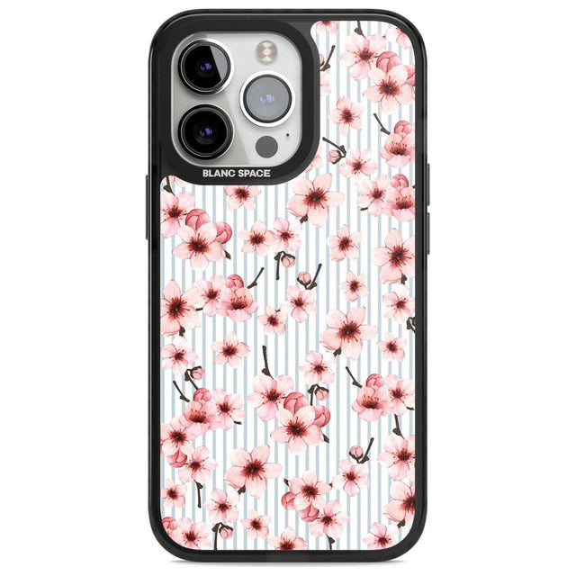 Cherry Blossoms on Blue Stripes Pattern Phone Case iPhone 15 Pro Max / Magsafe Black Impact Case,iPhone 15 Pro / Magsafe Black Impact Case,iPhone 14 Pro Max / Magsafe Black Impact Case,iPhone 14 Pro / Magsafe Black Impact Case,iPhone 13 Pro / Magsafe Black Impact Case Blanc Space