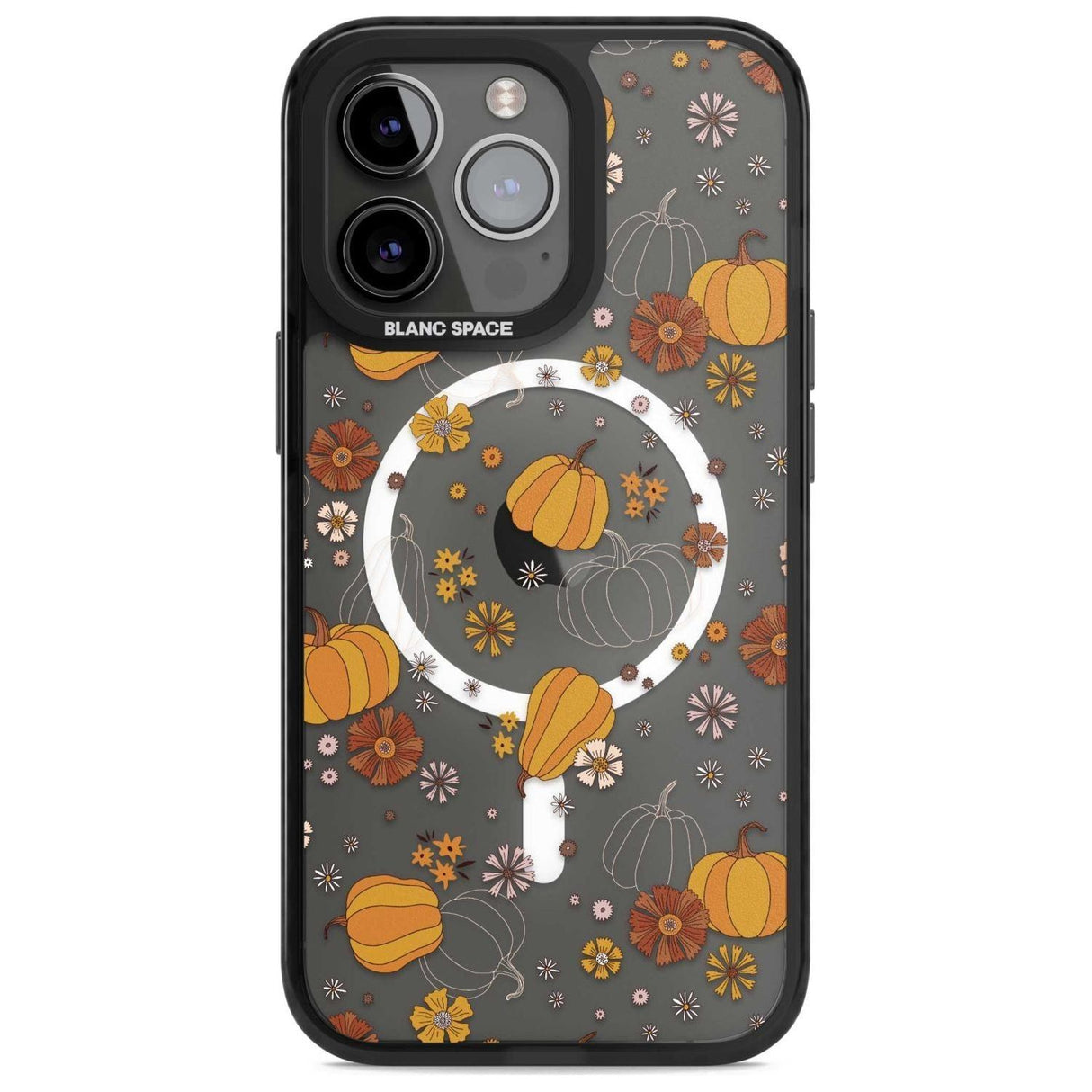 Halloween Pumpkins and Flowers Phone Case iPhone 15 Pro Max / Magsafe Black Impact Case,iPhone 15 Pro / Magsafe Black Impact Case,iPhone 14 Pro Max / Magsafe Black Impact Case,iPhone 14 Pro / Magsafe Black Impact Case,iPhone 13 Pro / Magsafe Black Impact Case Blanc Space