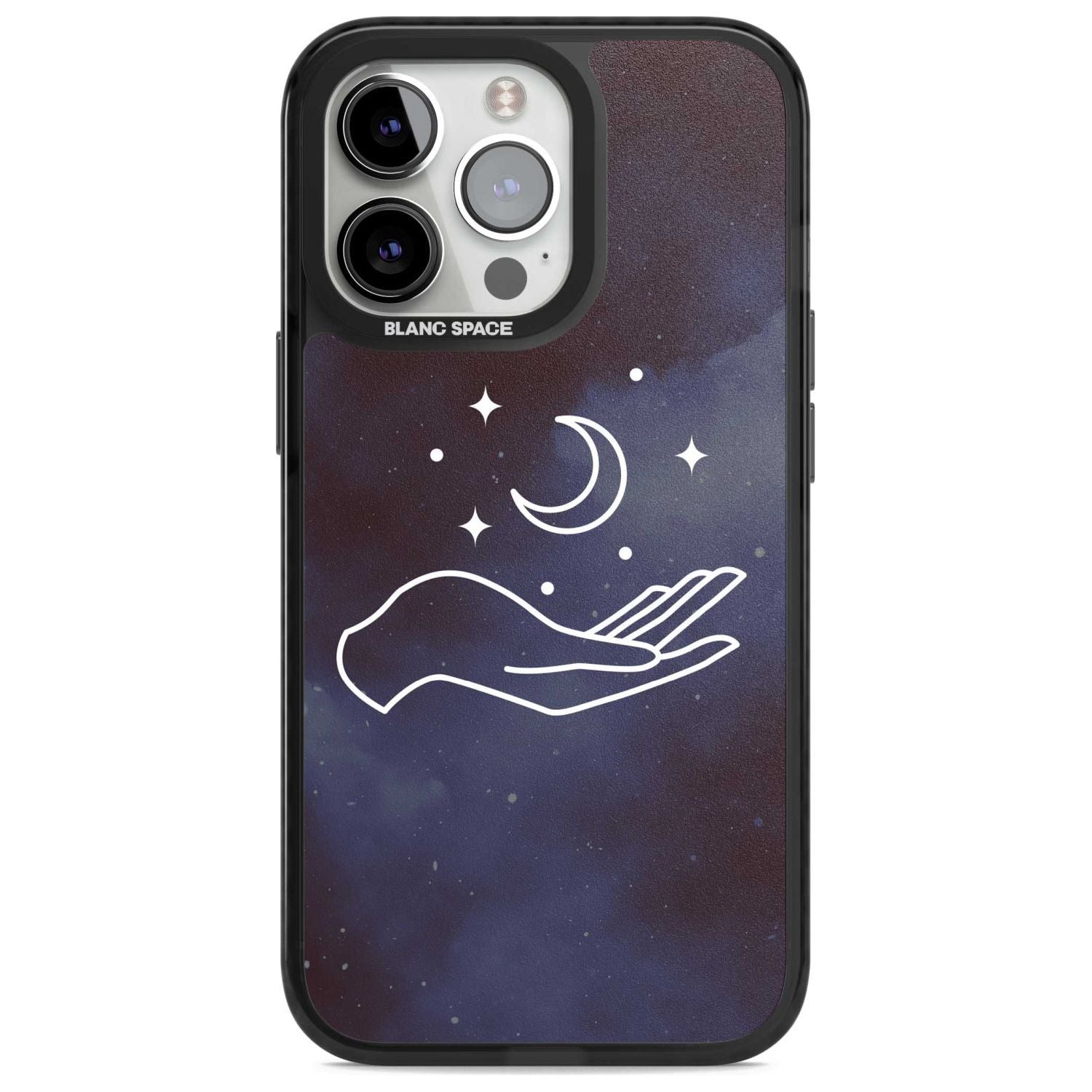 Floating Moon Above Hand Phone Case iPhone 15 Pro Max / Magsafe Black Impact Case,iPhone 15 Pro / Magsafe Black Impact Case,iPhone 14 Pro Max / Magsafe Black Impact Case,iPhone 14 Pro / Magsafe Black Impact Case,iPhone 13 Pro / Magsafe Black Impact Case Blanc Space