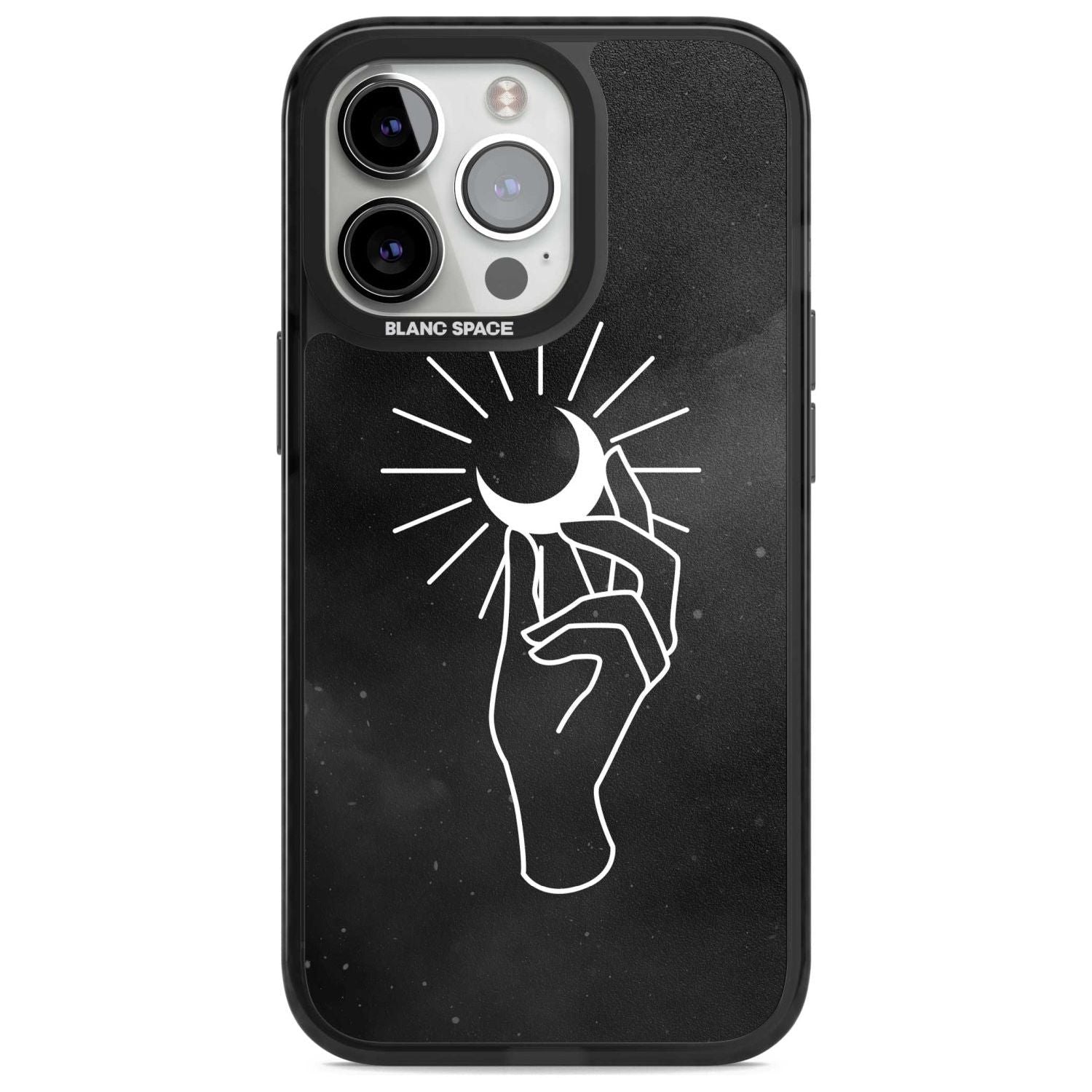 Hand Holding Moon Phone Case iPhone 15 Pro Max / Magsafe Black Impact Case,iPhone 15 Pro / Magsafe Black Impact Case,iPhone 14 Pro Max / Magsafe Black Impact Case,iPhone 14 Pro / Magsafe Black Impact Case,iPhone 13 Pro / Magsafe Black Impact Case Blanc Space