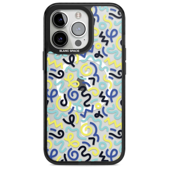 Blue & Yellow Shapes Memphis Retro Pattern Design Phone Case iPhone 15 Pro Max / Magsafe Black Impact Case,iPhone 15 Pro / Magsafe Black Impact Case,iPhone 14 Pro Max / Magsafe Black Impact Case,iPhone 14 Pro / Magsafe Black Impact Case,iPhone 13 Pro / Magsafe Black Impact Case Blanc Space