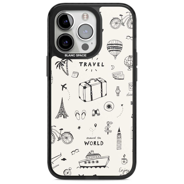 Cute Travel Pattern, White on Phone Case iPhone 15 Pro / Magsafe Black Impact Case,iPhone 15 Pro Max / Magsafe Black Impact Case,iPhone 14 Pro Max / Magsafe Black Impact Case,iPhone 13 Pro / Magsafe Black Impact Case,iPhone 14 Pro / Magsafe Black Impact Case Blanc Space