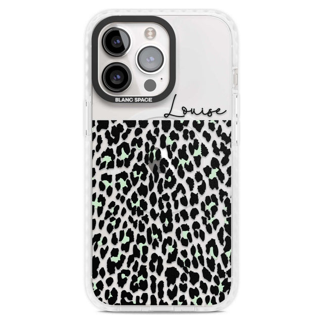 Personalised Seafoam Green & Cursive Leopard Spots Custom Phone Case iPhone 15 Pro Max / Magsafe Impact Case,iPhone 15 Pro / Magsafe Impact Case Blanc Space