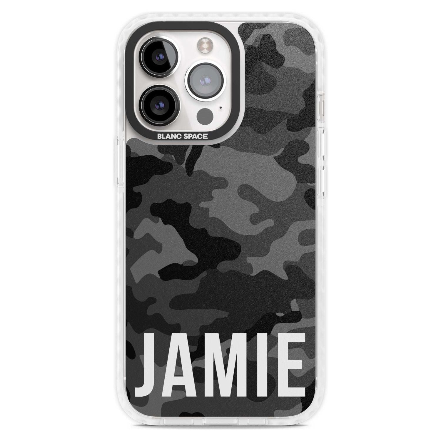 Personalised Horizontal Name Black Camouflage Custom Phone Case iPhone 15 Pro Max / Magsafe Impact Case,iPhone 15 Pro / Magsafe Impact Case Blanc Space