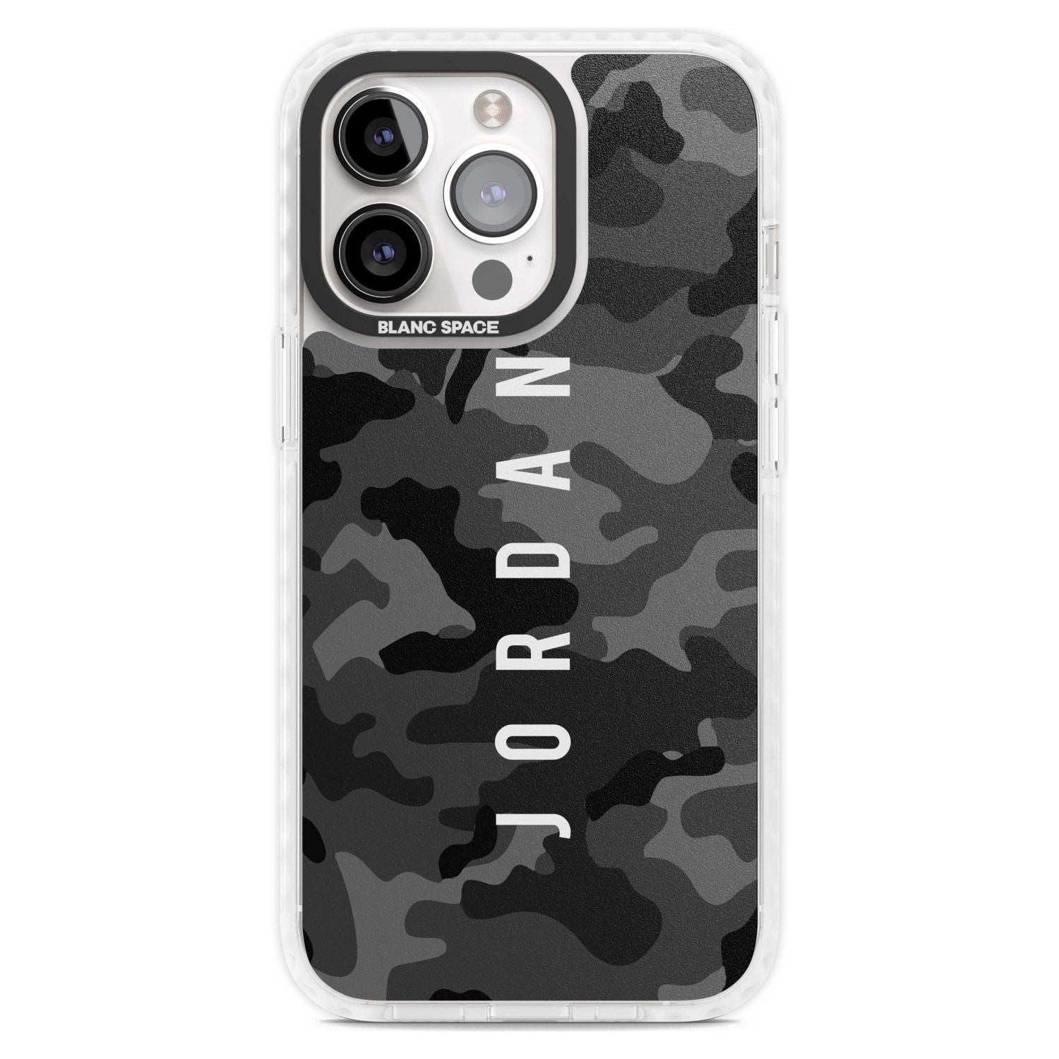 Personalised Small Vertical Name Black Camouflage Custom Phone Case iPhone 15 Pro Max / Magsafe Impact Case,iPhone 15 Pro / Magsafe Impact Case Blanc Space