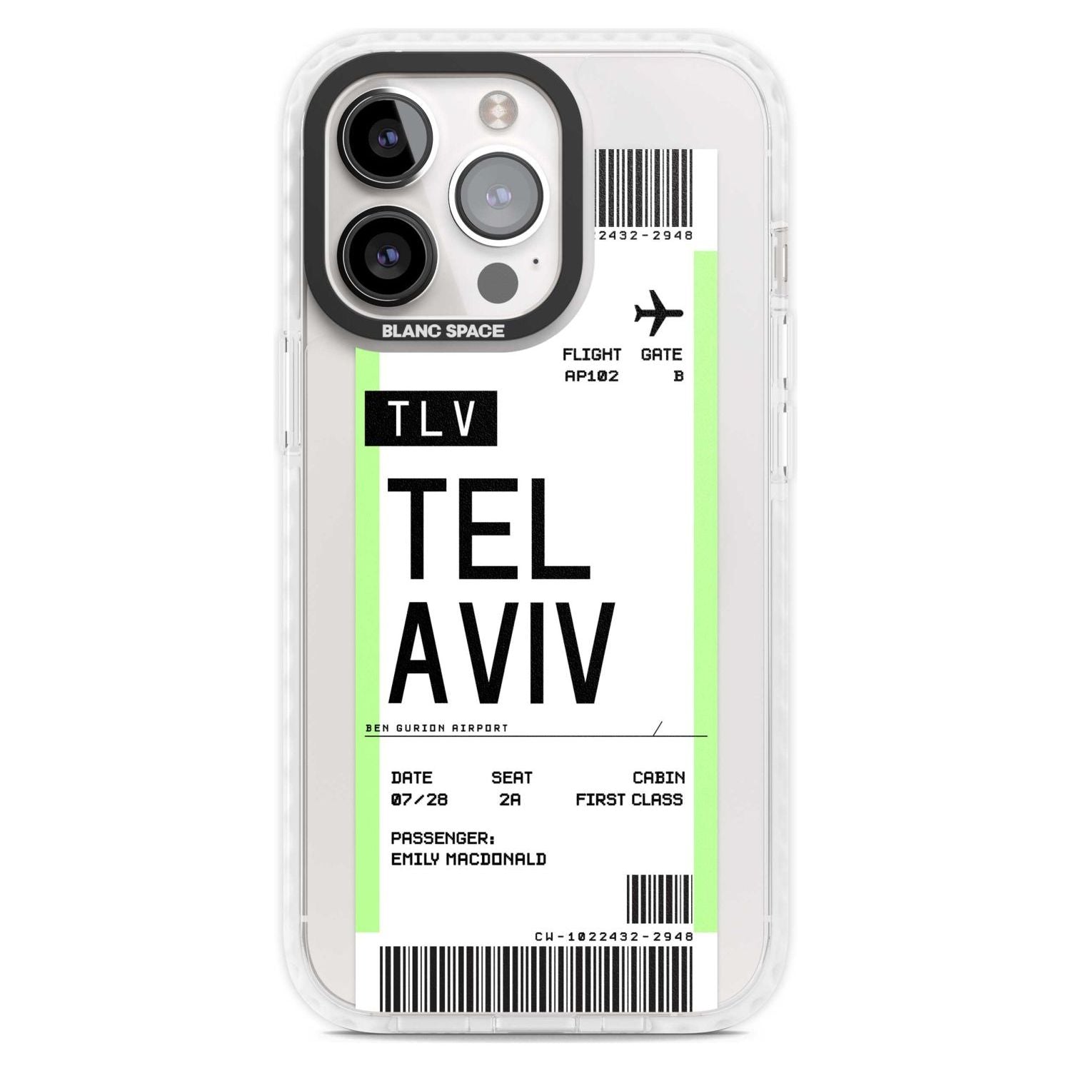 Personalised Tel Aviv Boarding Pass Custom Phone Case iPhone 15 Pro Max / Magsafe Impact Case,iPhone 15 Pro / Magsafe Impact Case Blanc Space