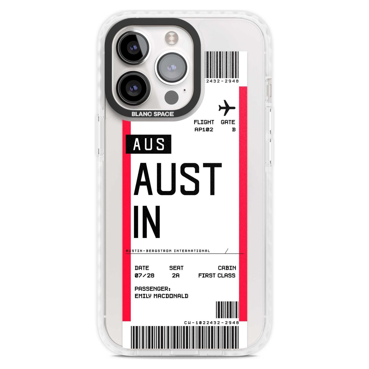 Personalised Austin Boarding Pass Custom Phone Case iPhone 15 Pro Max / Magsafe Impact Case,iPhone 15 Pro / Magsafe Impact Case Blanc Space