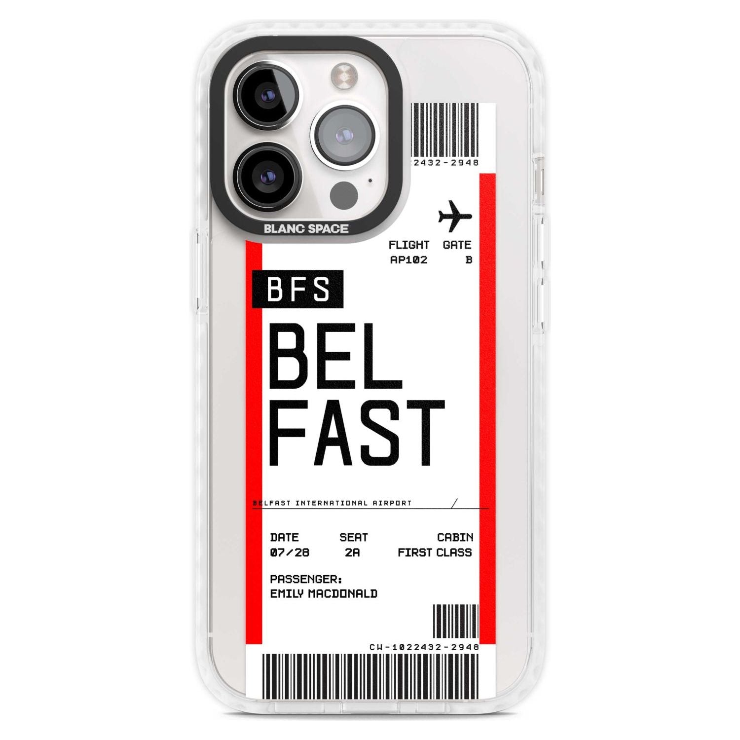 Personalised Belfast Boarding Pass Custom Phone Case iPhone 15 Pro Max / Magsafe Impact Case,iPhone 15 Pro / Magsafe Impact Case Blanc Space