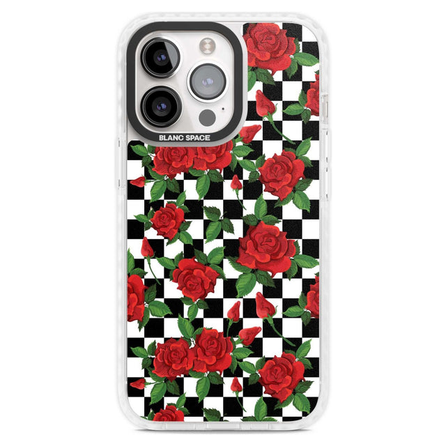 Checkered Pattern & Red Roses Phone Case iPhone 15 Pro Max / Magsafe Impact Case,iPhone 15 Pro / Magsafe Impact Case Blanc Space