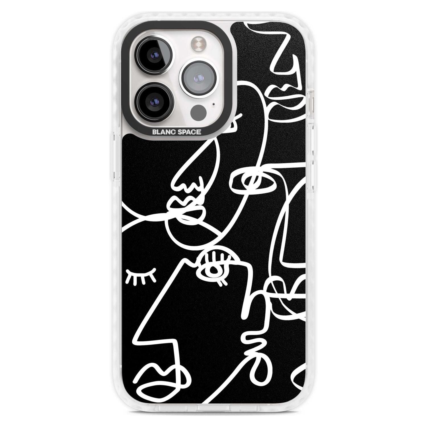 Abstract Continuous Line Faces White on Black Phone Case iPhone 15 Pro Max / Magsafe Impact Case,iPhone 15 Pro / Magsafe Impact Case Blanc Space