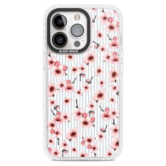 Cherry Blossoms on Blue Stripes Pattern Phone Case iPhone 15 Pro Max / Magsafe Impact Case,iPhone 15 Pro / Magsafe Impact Case Blanc Space