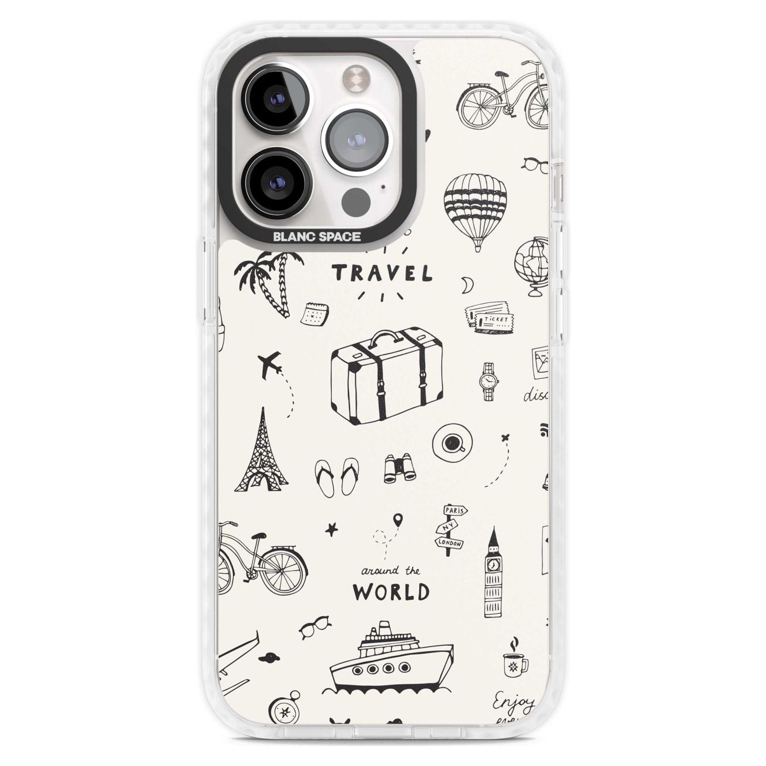 Cute Travel Pattern, White on Phone Case iPhone 15 Pro Max / Magsafe Impact Case,iPhone 15 Pro / Magsafe Impact Case Blanc Space