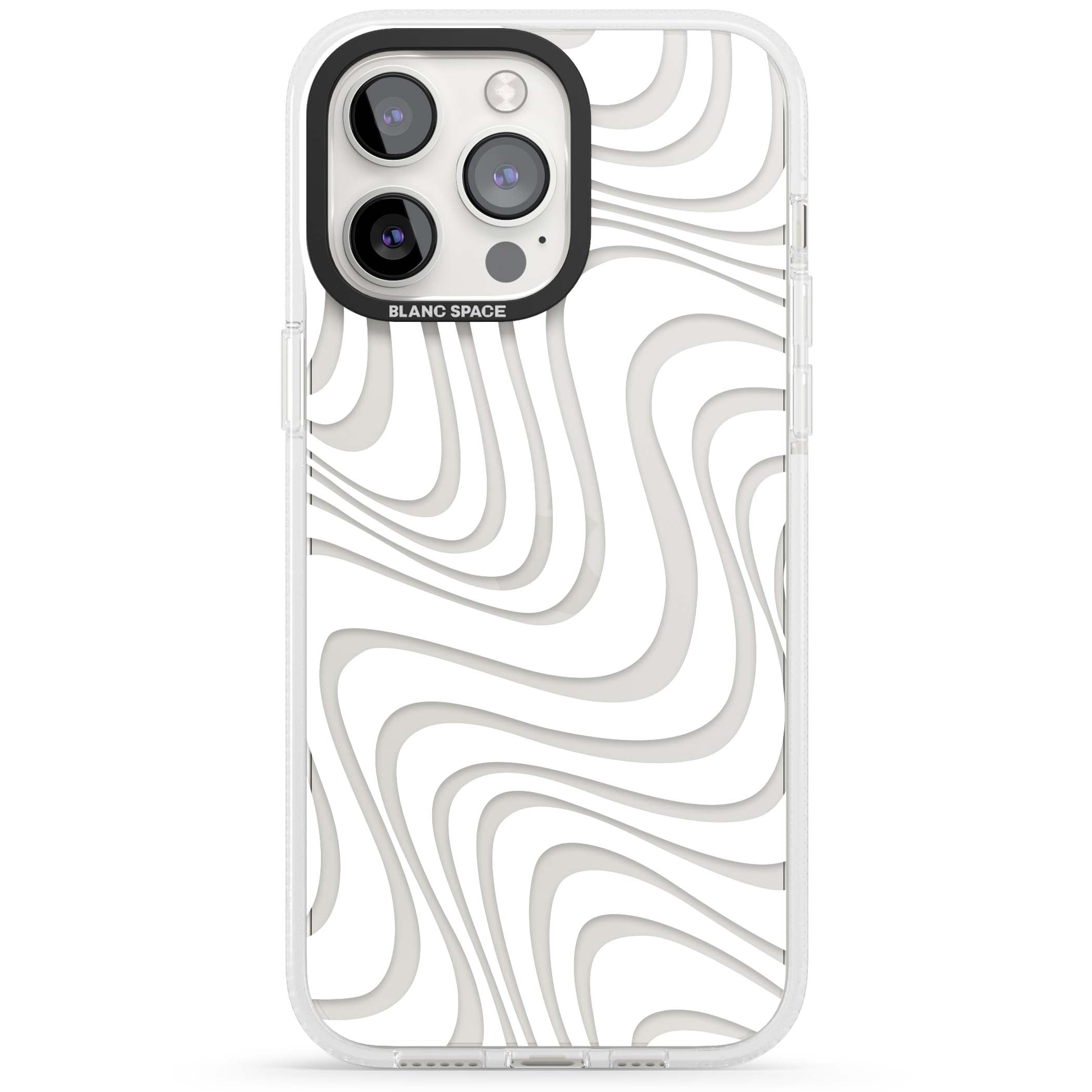White Abstract Waves abstract iPhone case featuring flowing grey wave pattern on clear background | Clear Case Impact Air case for iPhone 15 Pro, iPhone 15 Pro Max