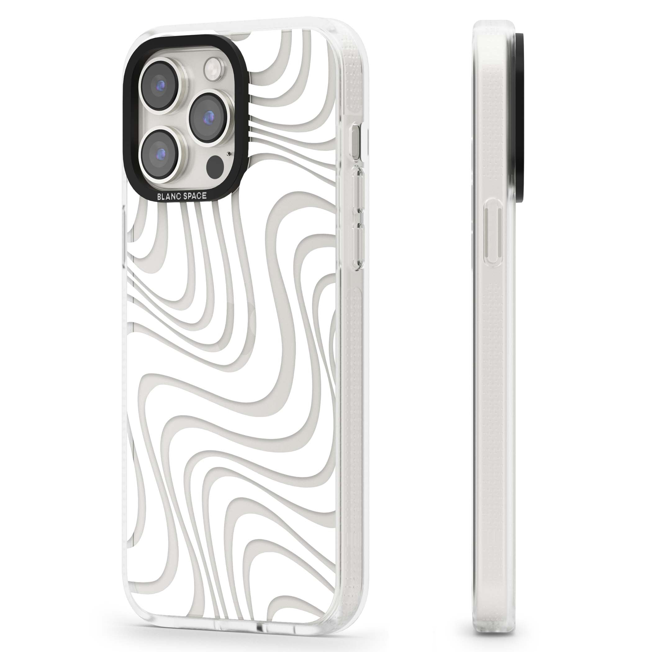 White Abstract Waves abstract iPhone case featuring flowing grey wave pattern on clear background | Clear Case Impact Air case for iPhone 15 Pro, iPhone 15 Pro Max