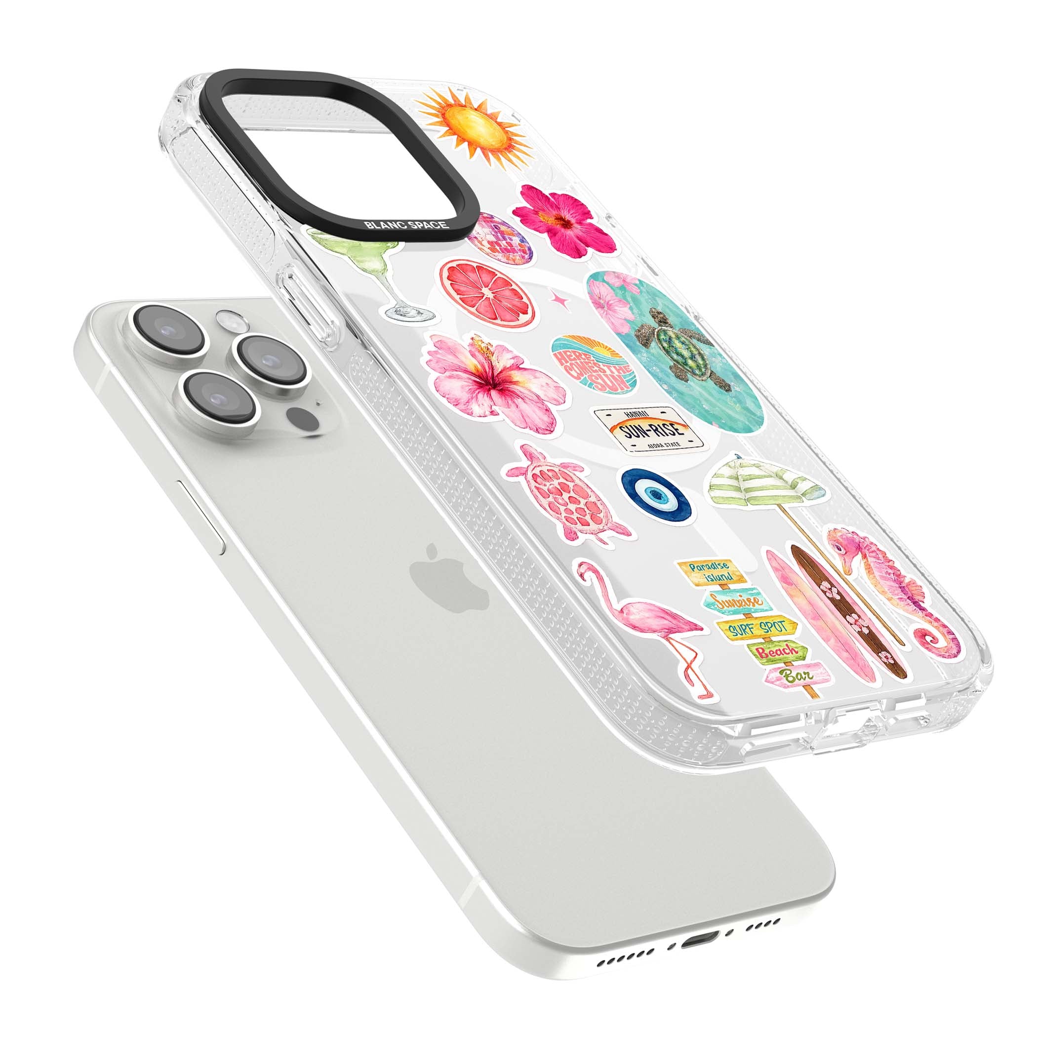 Aloha Sticker Mix tropical summer iPhone case featuring pink hibiscus, sea turtles, flamingo and beach umbrella stickers | Clear Case Impact Air case for iPhone 15 Pro, iPhone 15 Pro Max