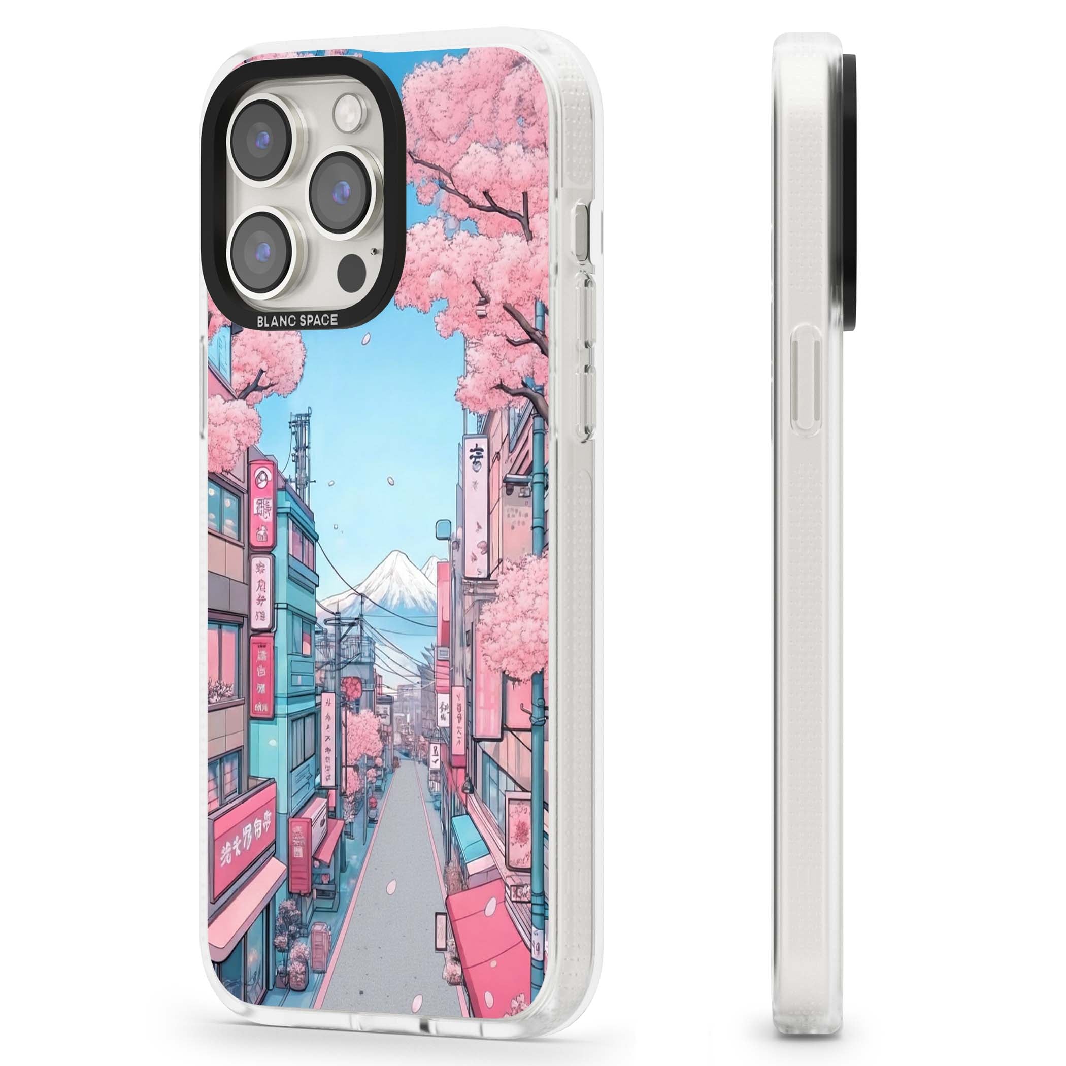 Sakura Lane anime iPhone case featuring Tokyo street scene with cherry blossoms and Mount Fuji | Clear Case Impact Air case for iPhone 15 Pro, iPhone 15 Pro Max