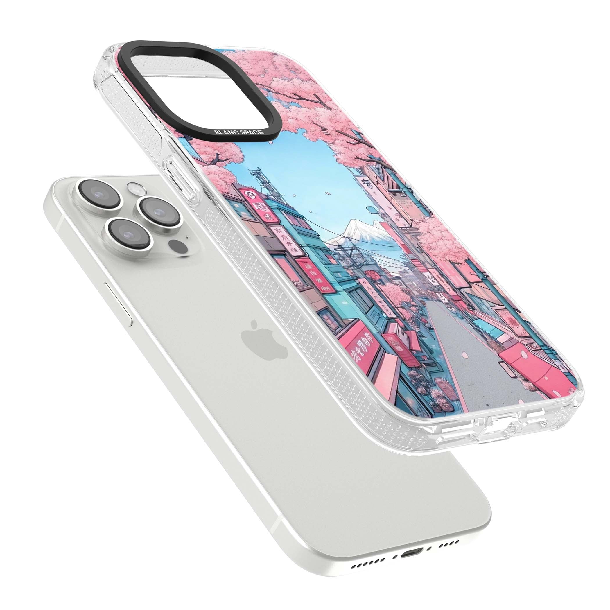 Sakura Lane anime iPhone case featuring Tokyo street scene with cherry blossoms and Mount Fuji | Clear Case Impact Air case for iPhone 15 Pro, iPhone 15 Pro Max