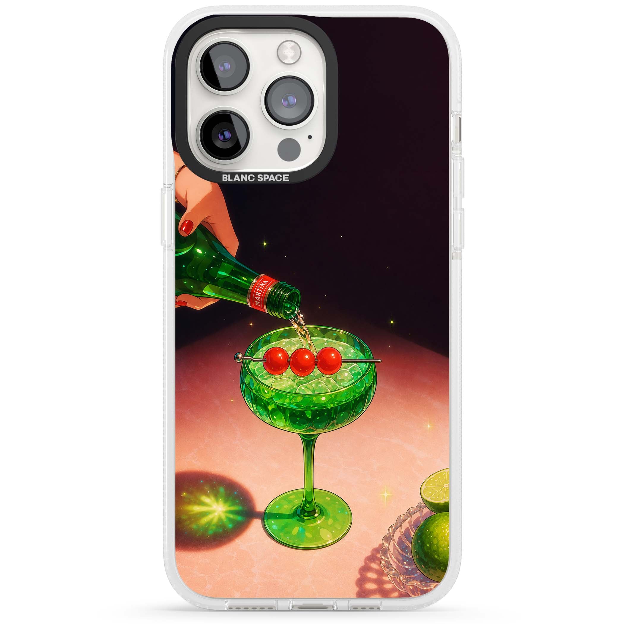 Absinthe Hour cocktail iPhone case featuring a green coupe glass, cherry garnish and vintage bottle pour illustration | Clear Case Impact Air case for iPhone 15 Pro, iPhone 15 Pro Max
