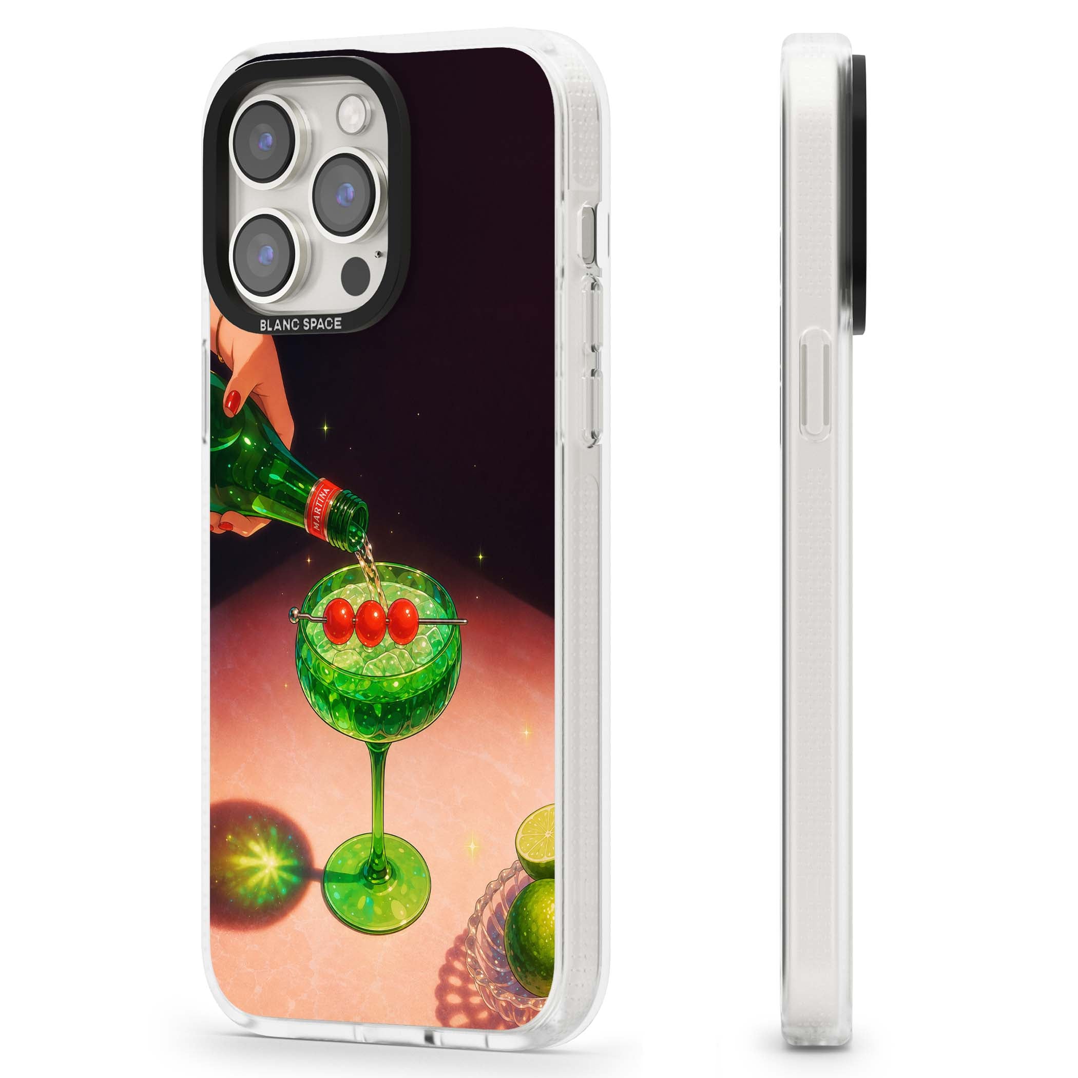 Absinthe Hour cocktail iPhone case featuring a green coupe glass, cherry garnish and vintage bottle pour illustration | Clear Case Impact Air case for iPhone 15 Pro, iPhone 15 Pro Max