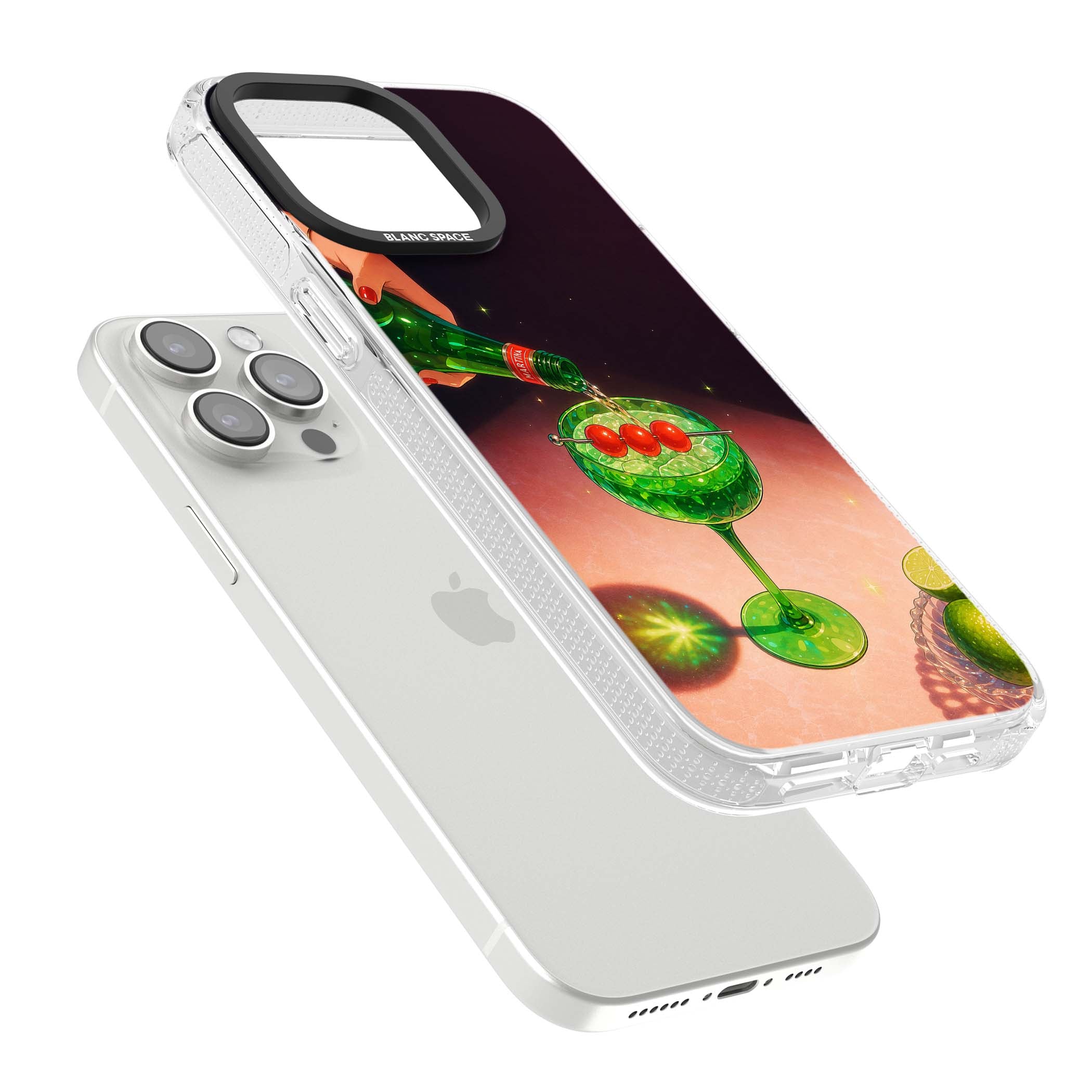 Absinthe Hour cocktail iPhone case featuring a green coupe glass, cherry garnish and vintage bottle pour illustration | Clear Case Impact Air case for iPhone 15 Pro, iPhone 15 Pro Max