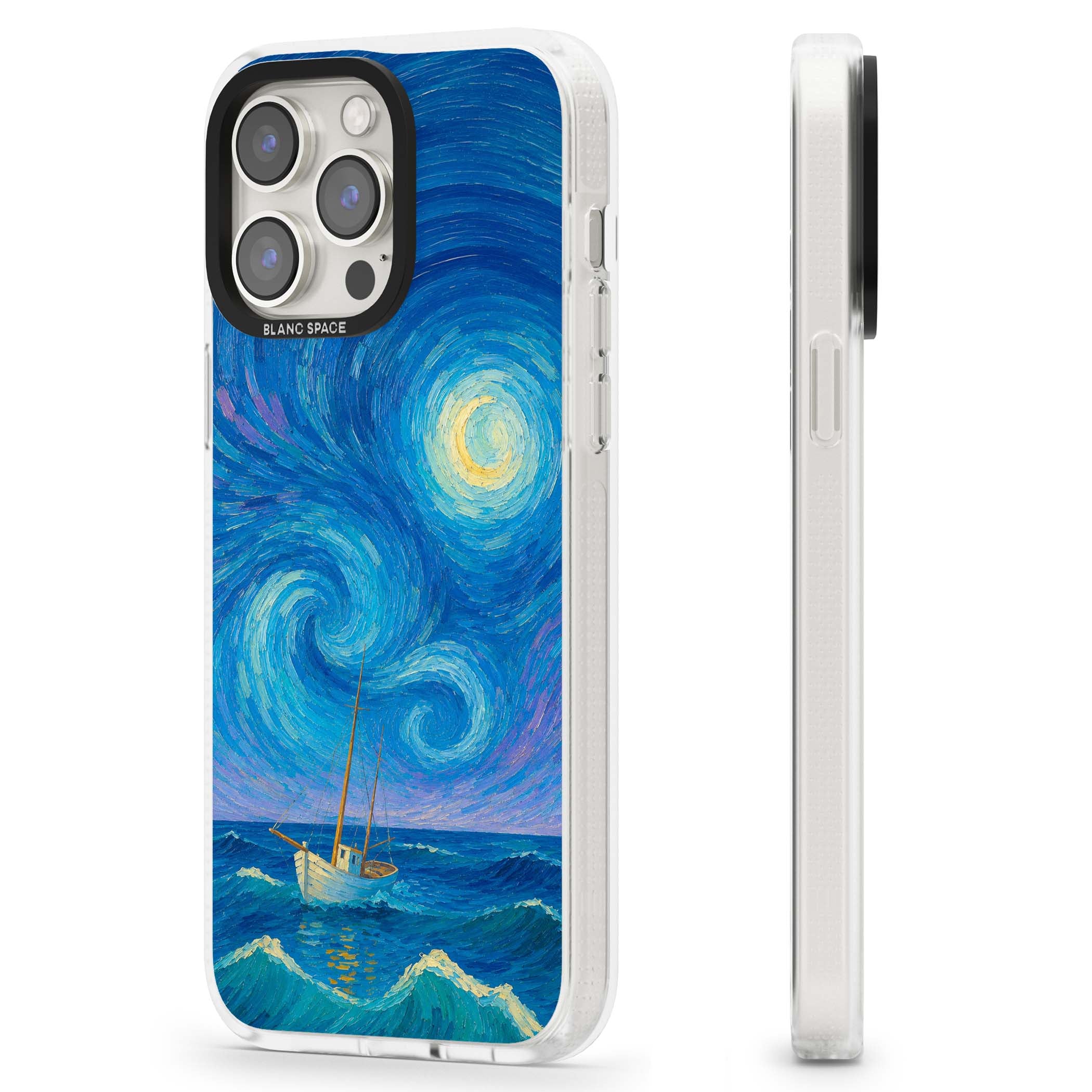 Moonlit Tide Van Gogh art iPhone case featuring swirling starry night sky, glowing moon and lone sailing boat at sea | Clear Case Impact Air case for iPhone 15 Pro, iPhone 15 Pro Max
