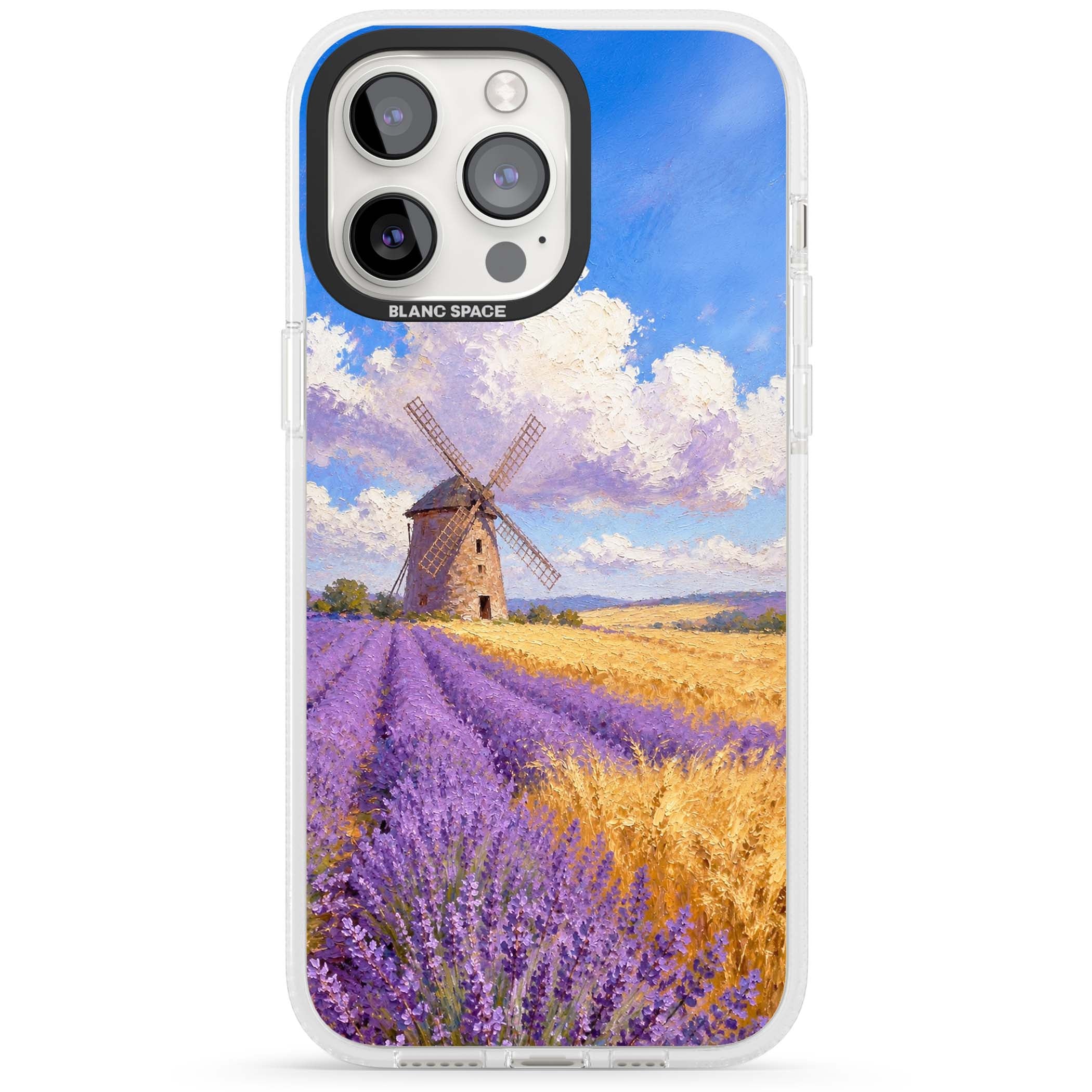 Lavender Mill cottagecore iPhone case featuring a French windmill, lavender field and golden wheat oil painting | Clear Case Impact Air case for iPhone 15 Pro, iPhone 15 Pro Max