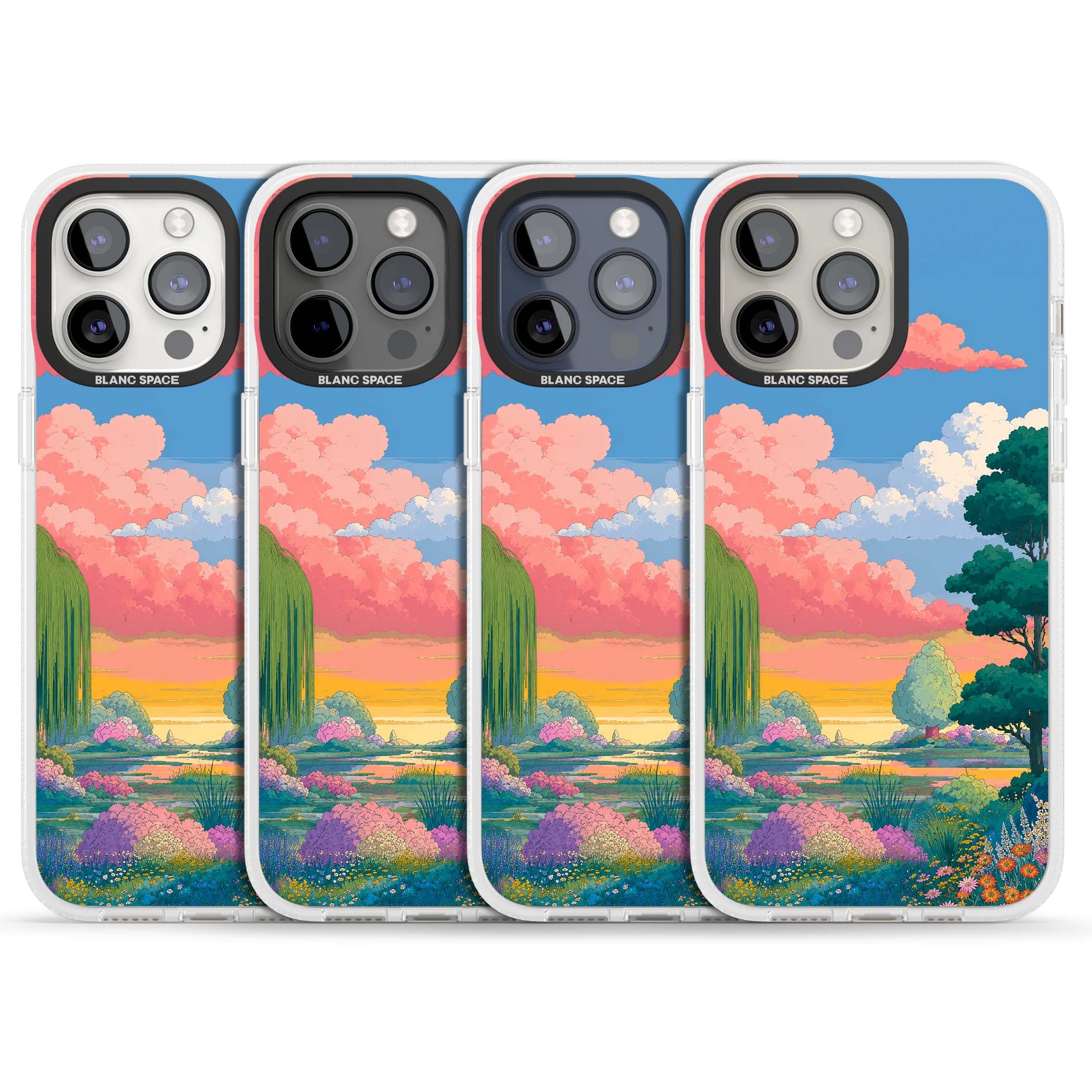 Dream Valley anime landscape iPhone case featuring pink sunset clouds, willow trees and wildflowers | Clear Case Impact Air case for iPhone 15 Pro, iPhone 15 Pro Max
