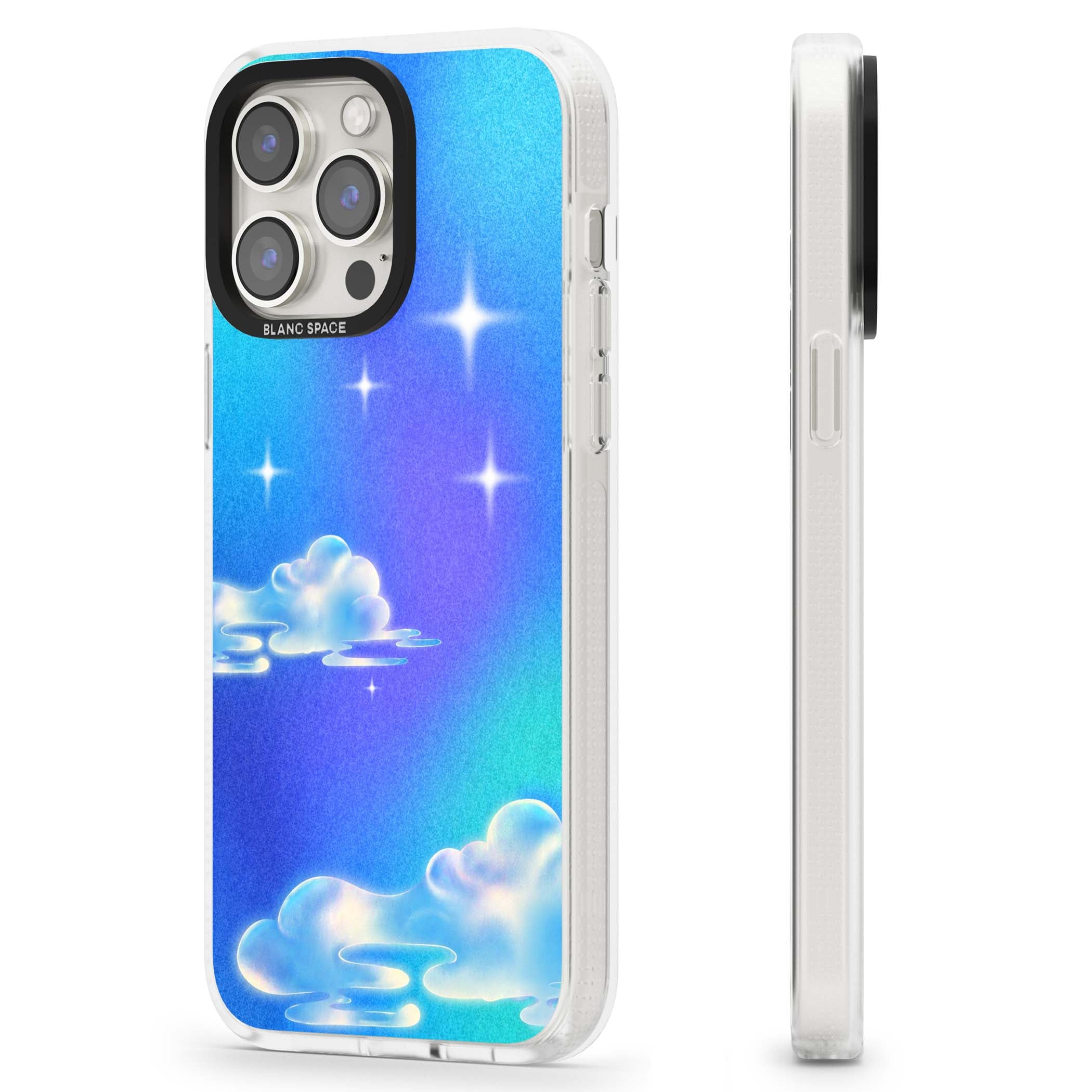 Aurora celestial iPhone case featuring dreamy iridescent clouds, sparkling stars and pastel blue purple sky | Clear Case Impact Air case for iPhone 15 Pro, iPhone 15 Pro Max