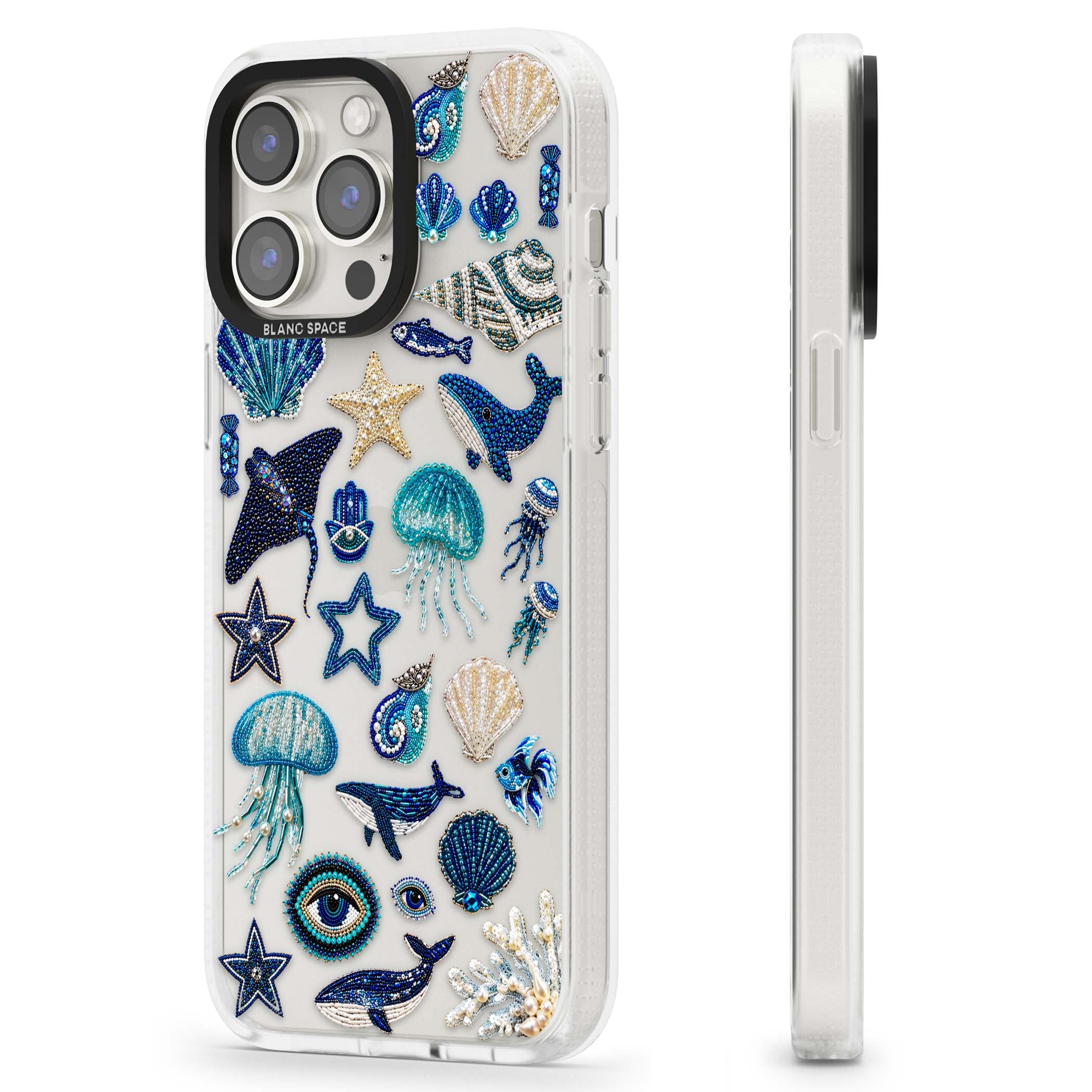 Beaded Coastal coastal iPhone case featuring embroidered seashells, jellyfish and a blue whale on clear | Clear Case Impact Air case for iPhone 15 Pro, iPhone 15 Pro Max